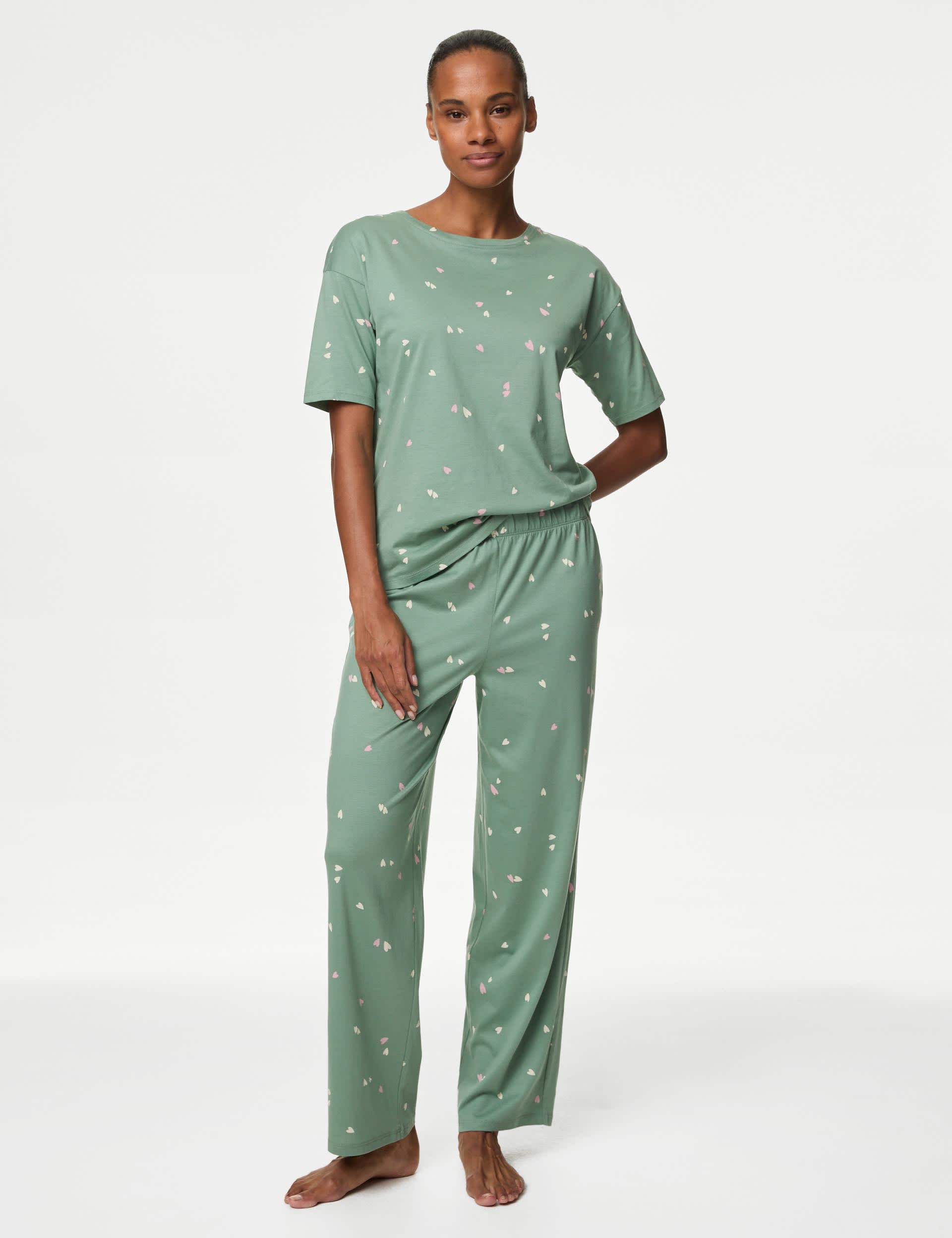 Body By M&S Women's Cotton Modal Star Print Pyjama Set - Green Mix, Black Mix,Green Mix