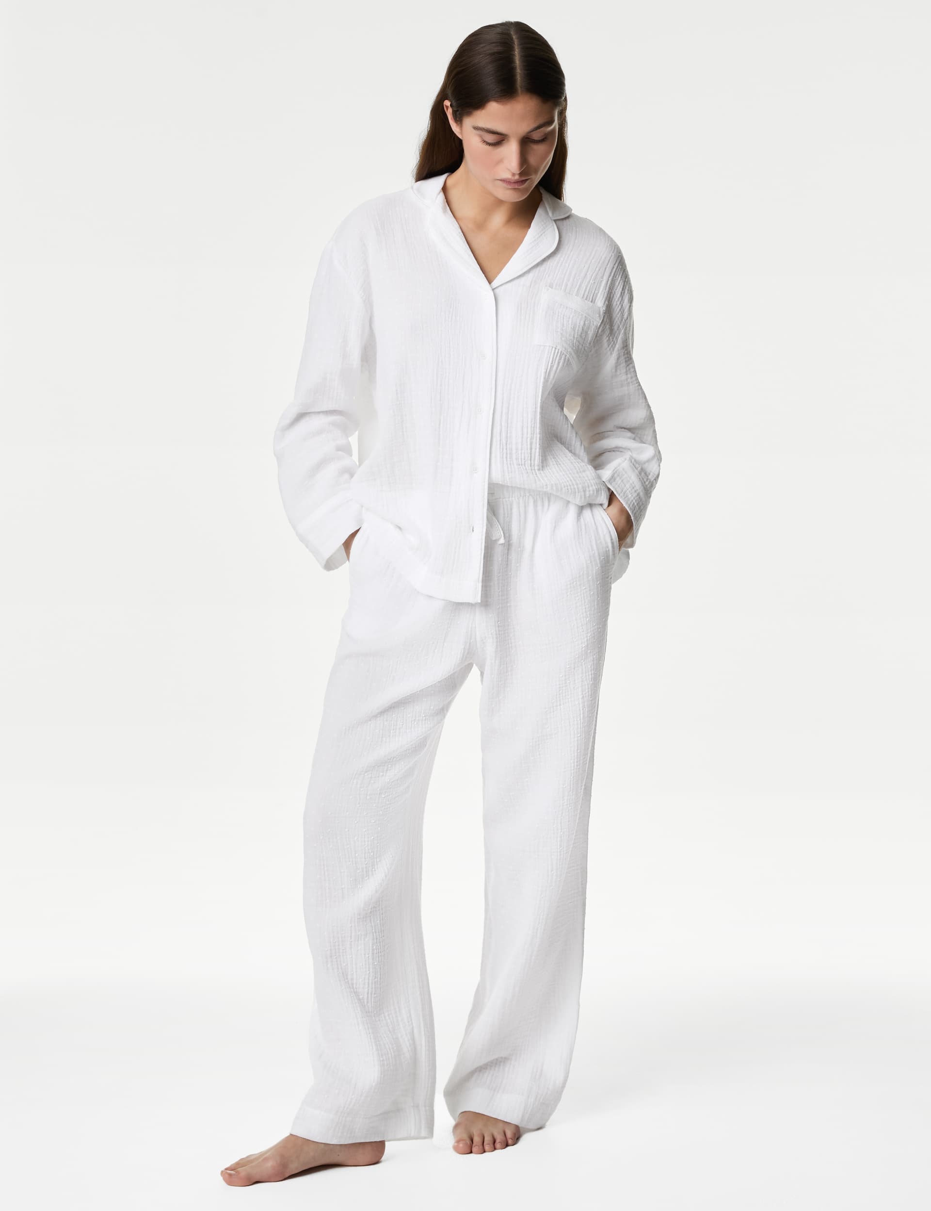 M&S Women's Pure Cotton Revere Pyjama Set - 12 - White, White