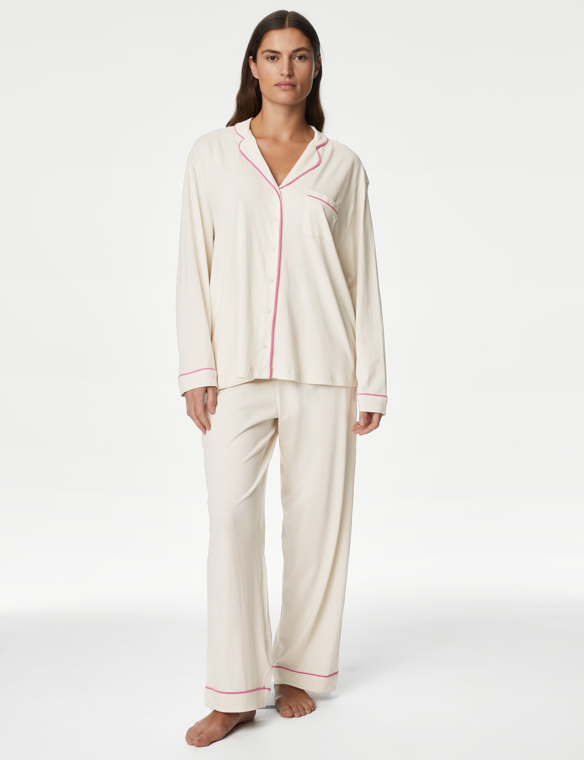 M&S Women's Cool Comfort Pyjama Set - Ivory, Navy,Green,Ivory