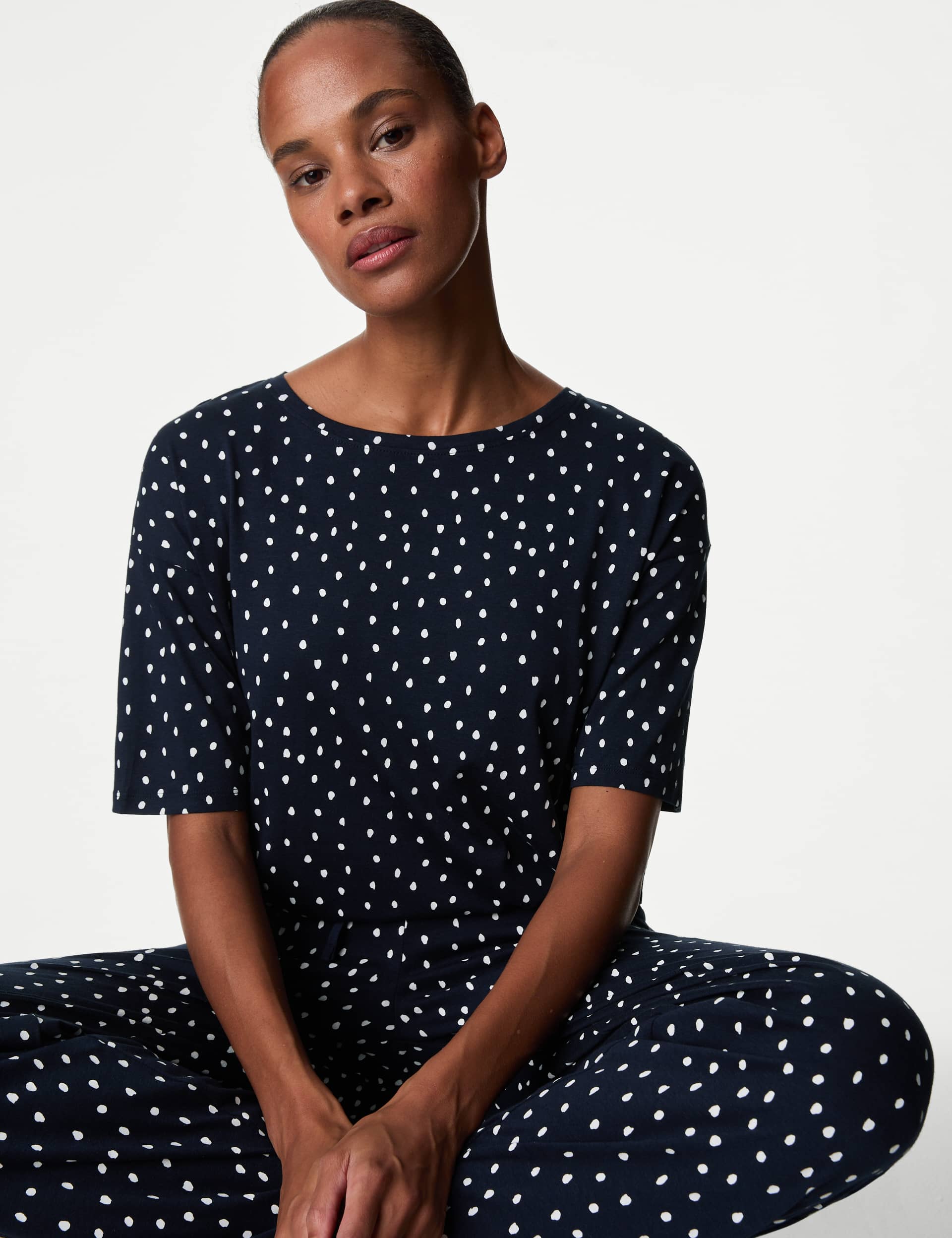 M&S Women's Cotton Modal Polka Dot Pyjama Set - Navy Mix, Navy Mix