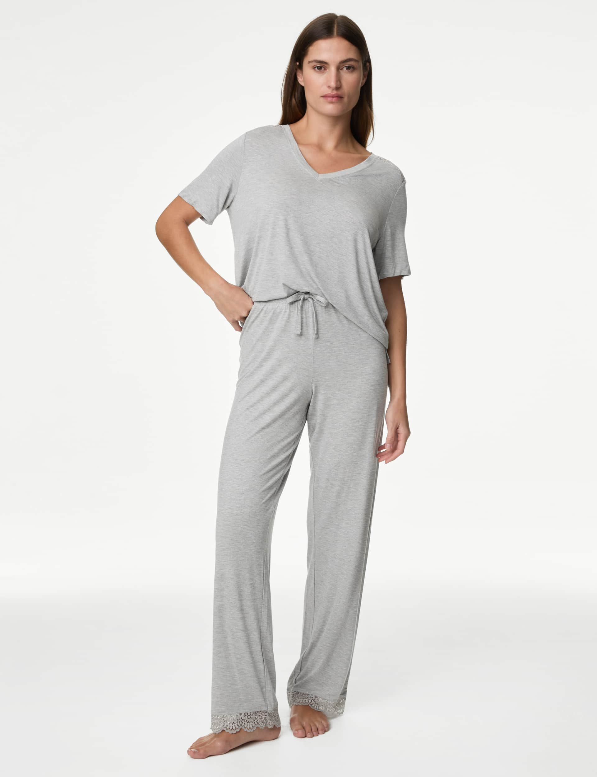 Body By M&S Women's Body Soft Lace Trim Pyjama Bottoms - MREG - Grey, Grey