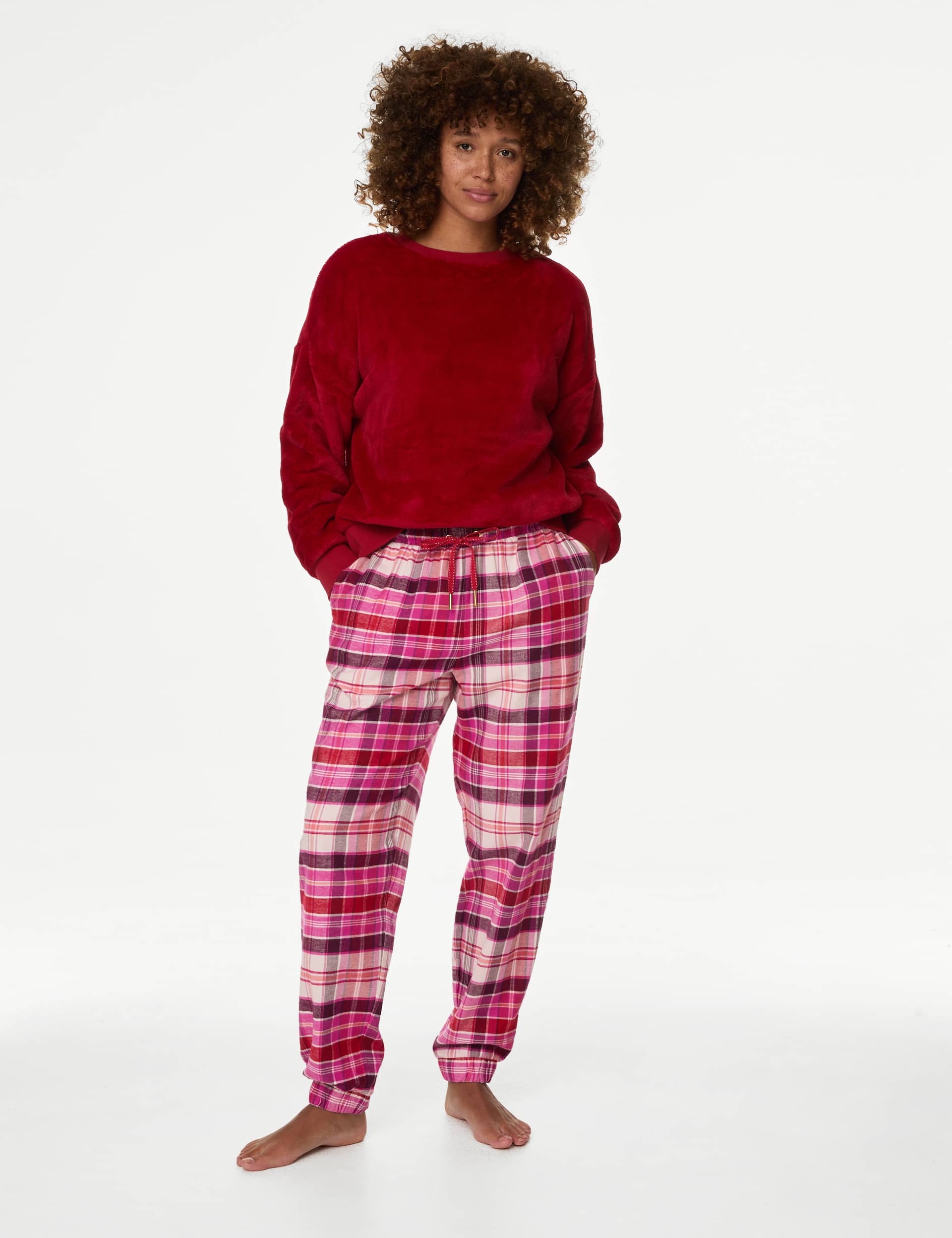 M&S Women's Pure Cotton Checked Pyjama Bottoms - 12REG - Red Mix, Nutmeg,Red Mix,Green Mix