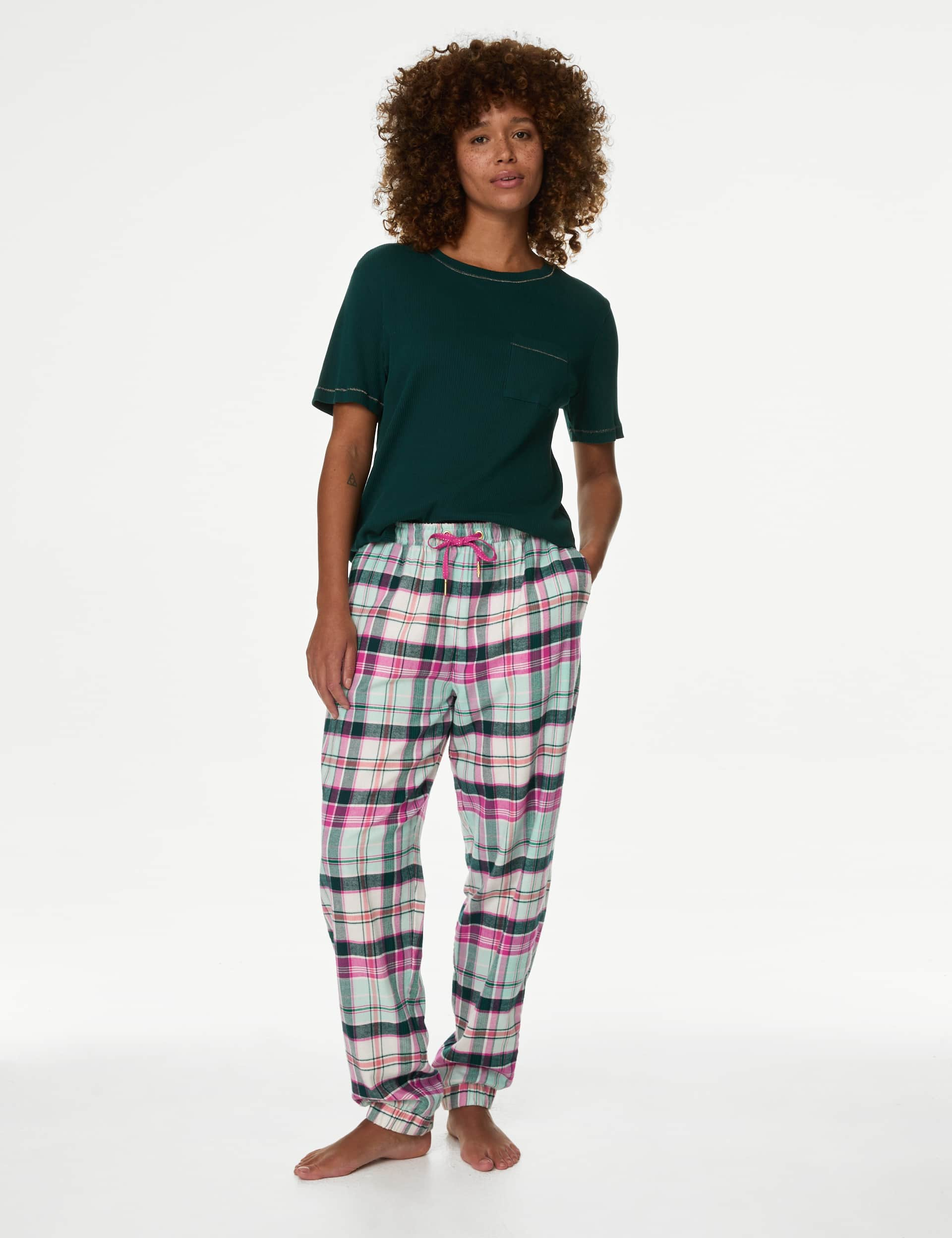 M&S Women's Pure Cotton Checked Pyjama Bottoms - 12REG - Green Mix, Nutmeg,Red Mix,Green Mix