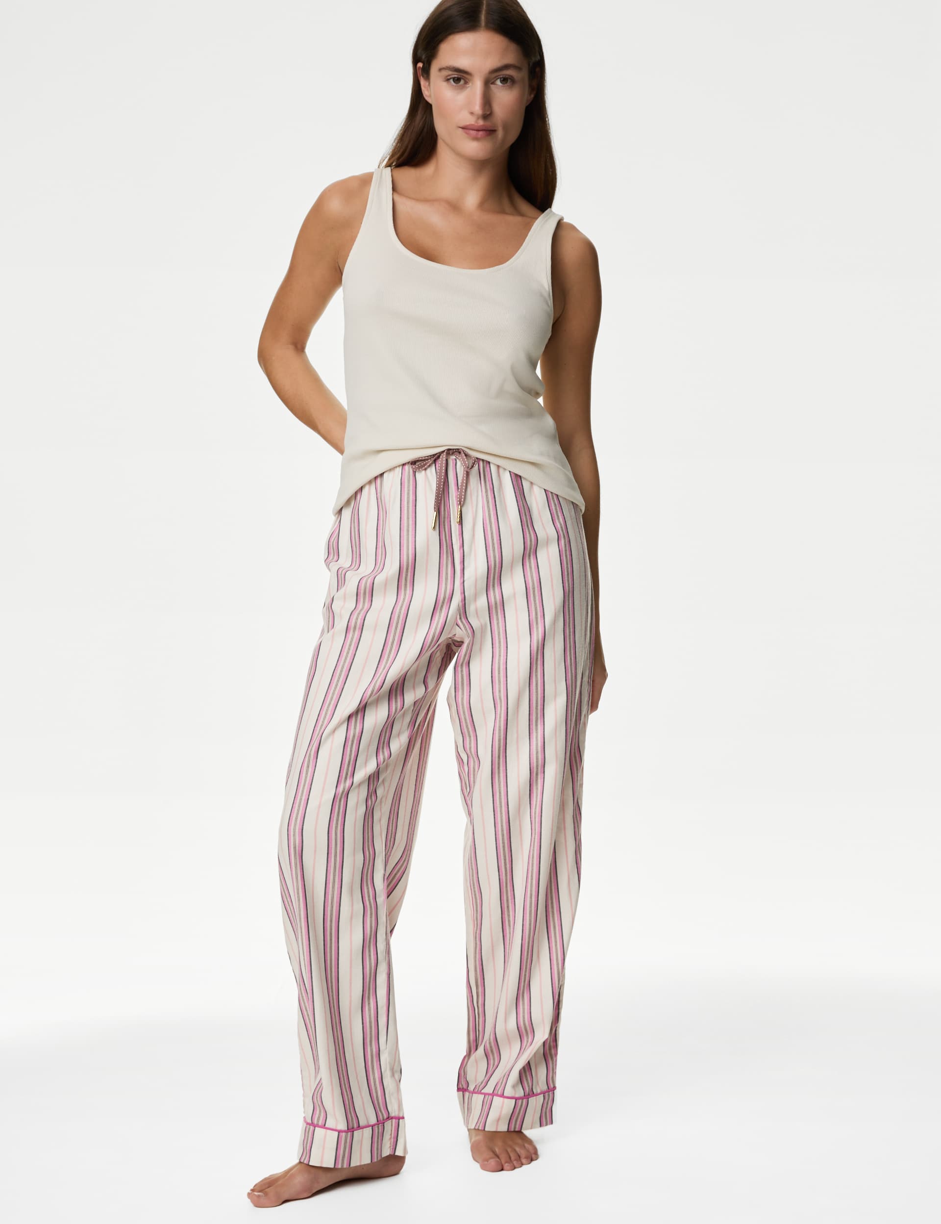 M&S Women's Pure Cotton Striped Pyjama Bottoms - 16REG - Ivory Mix, Ivory Mix