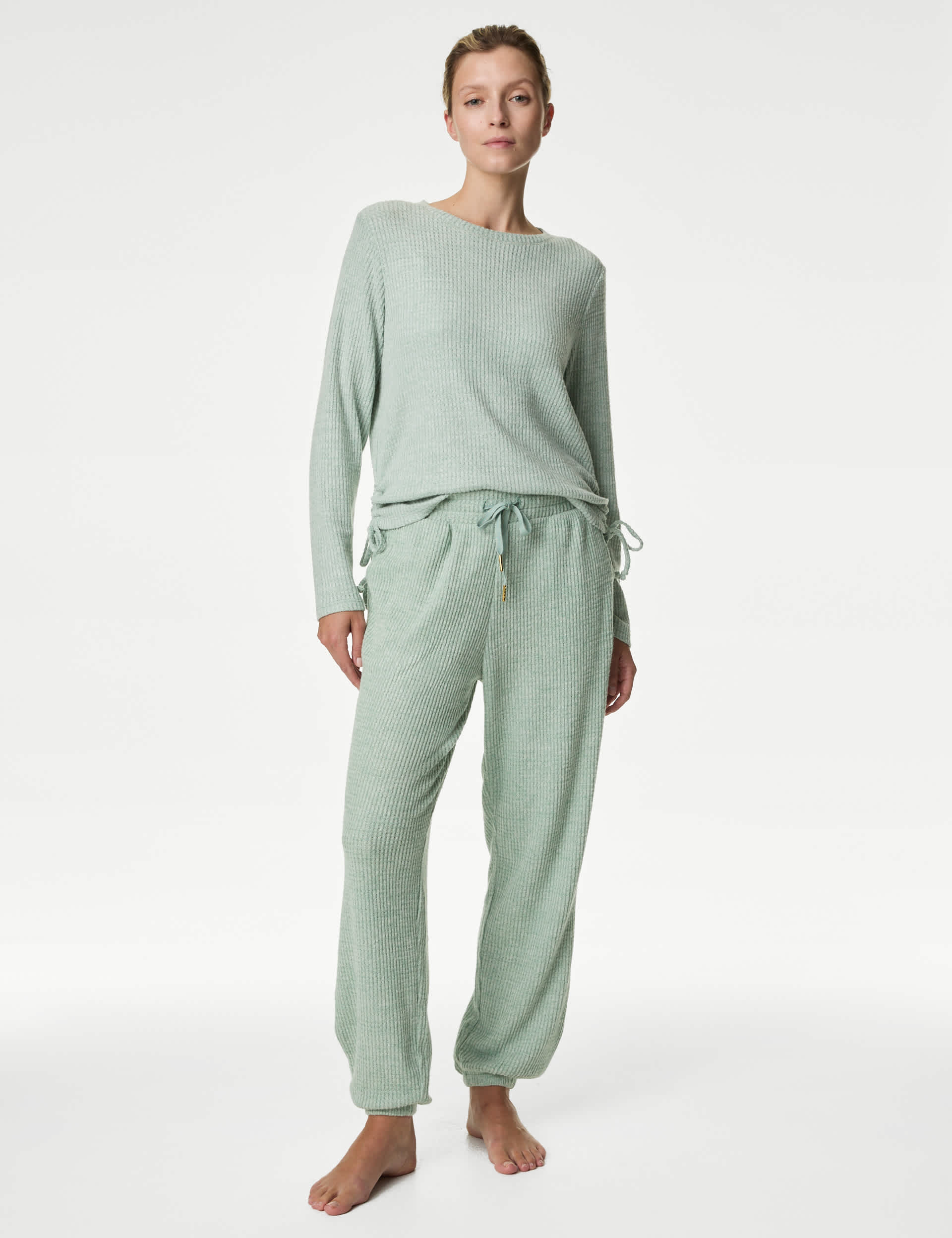 M&S Women's Cosy Waffle Cuffed Hem Lounge Joggers - MREG - Green, Green,Nutmeg