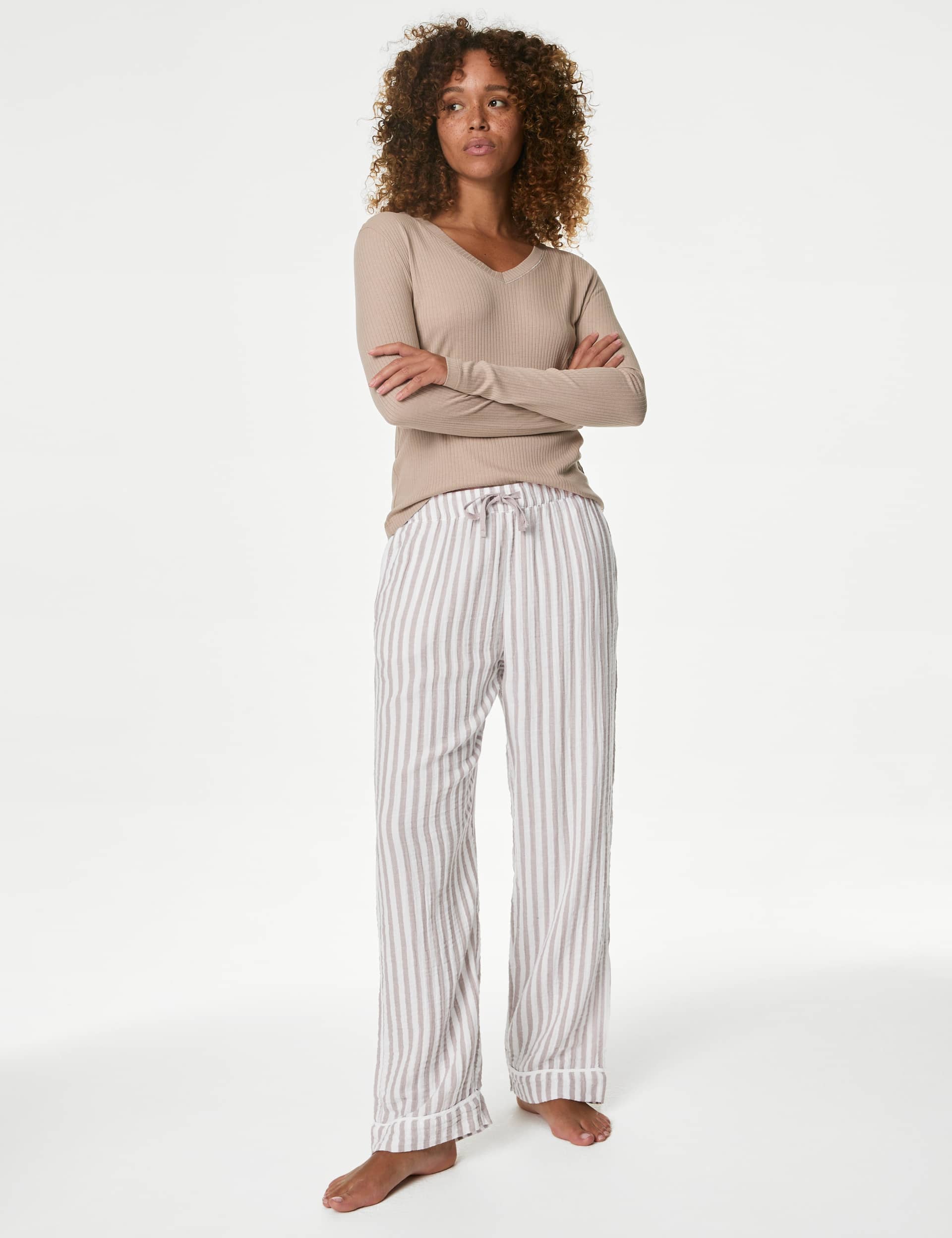 M&S Women's Cool Comfort Striped Pyjama Bottoms - 12REG - Fawn, Fawn