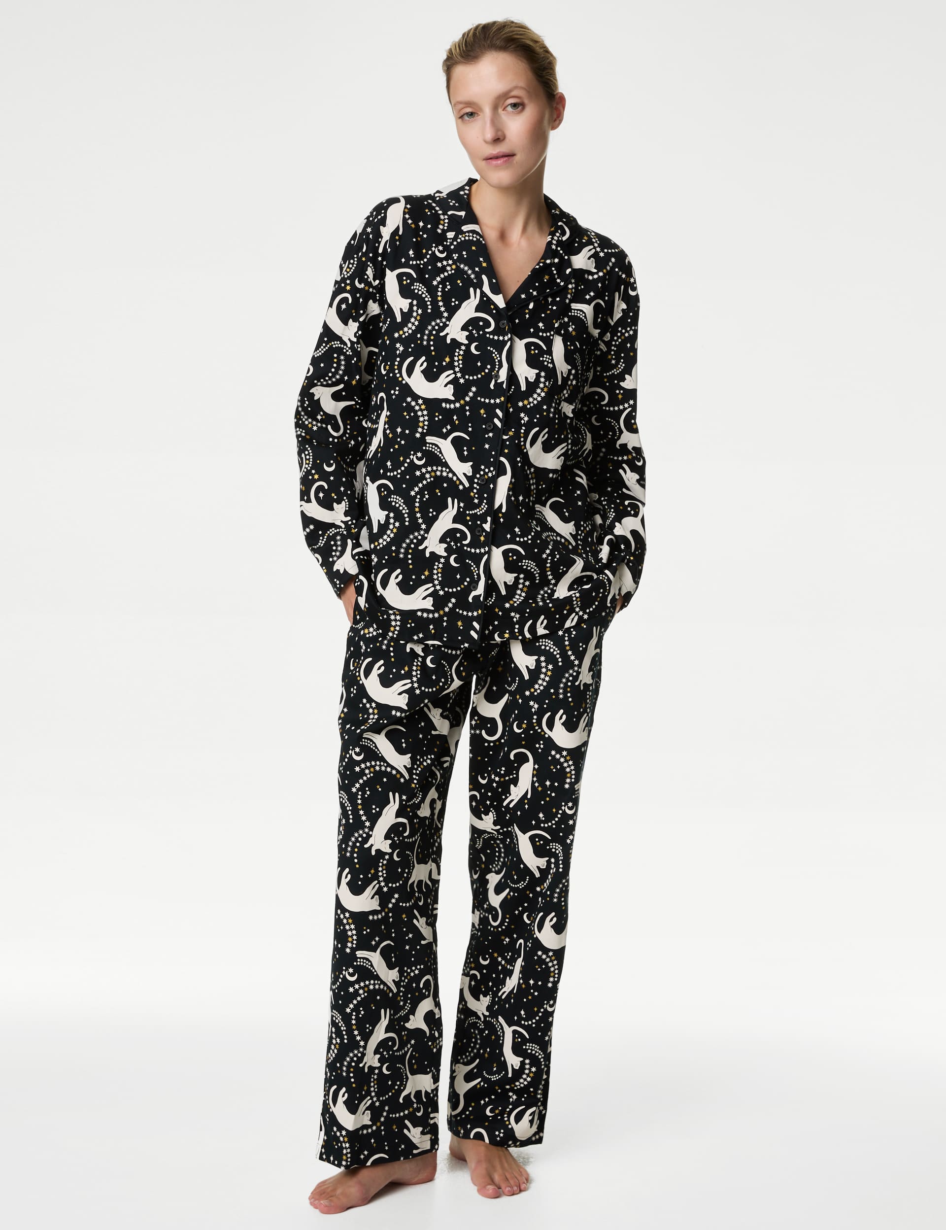 M&S Women's Pure Cotton Cat Print Pyjama Set - 14 - Black Mix, Black Mix