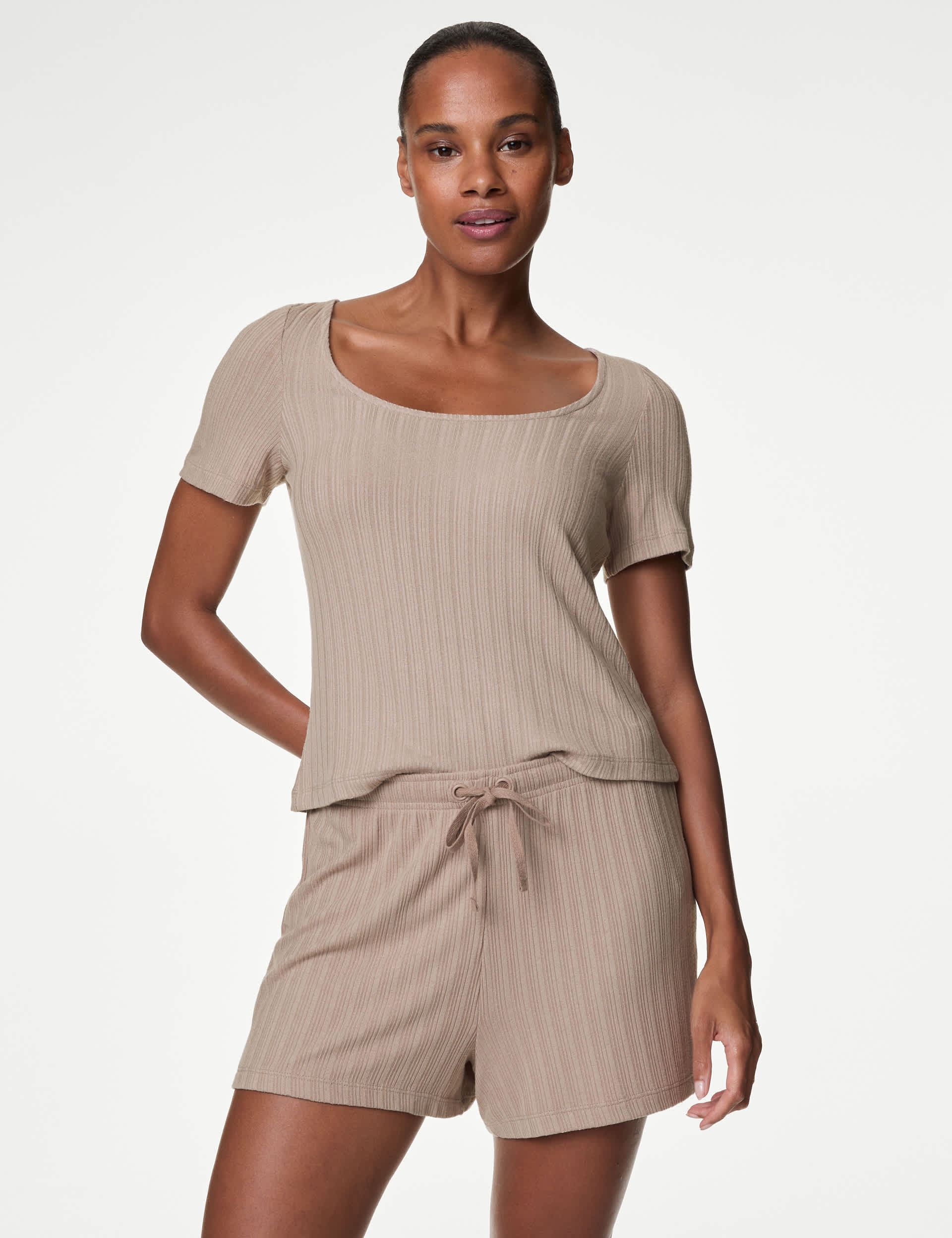 M&S Women's Ribbed Shortie Set - Fawn, Fawn