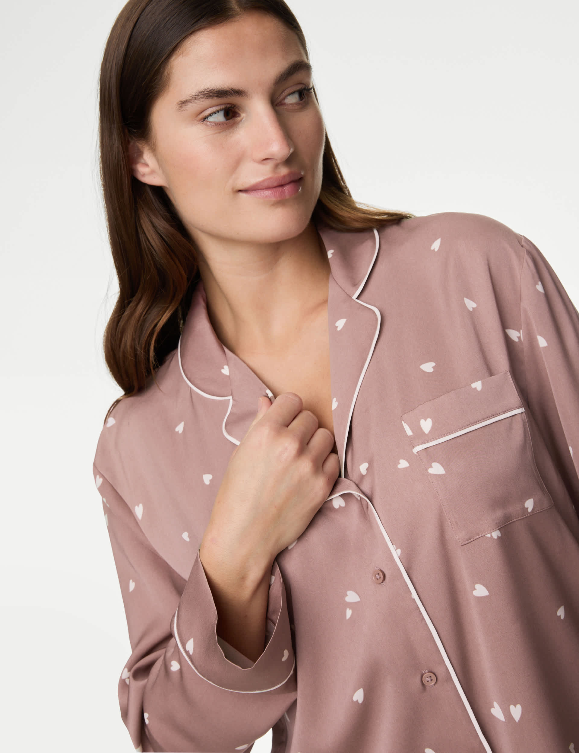 M&S Women's Dream Satin Heart Print Pyjama Set - 12 - Nutmeg, Nutmeg