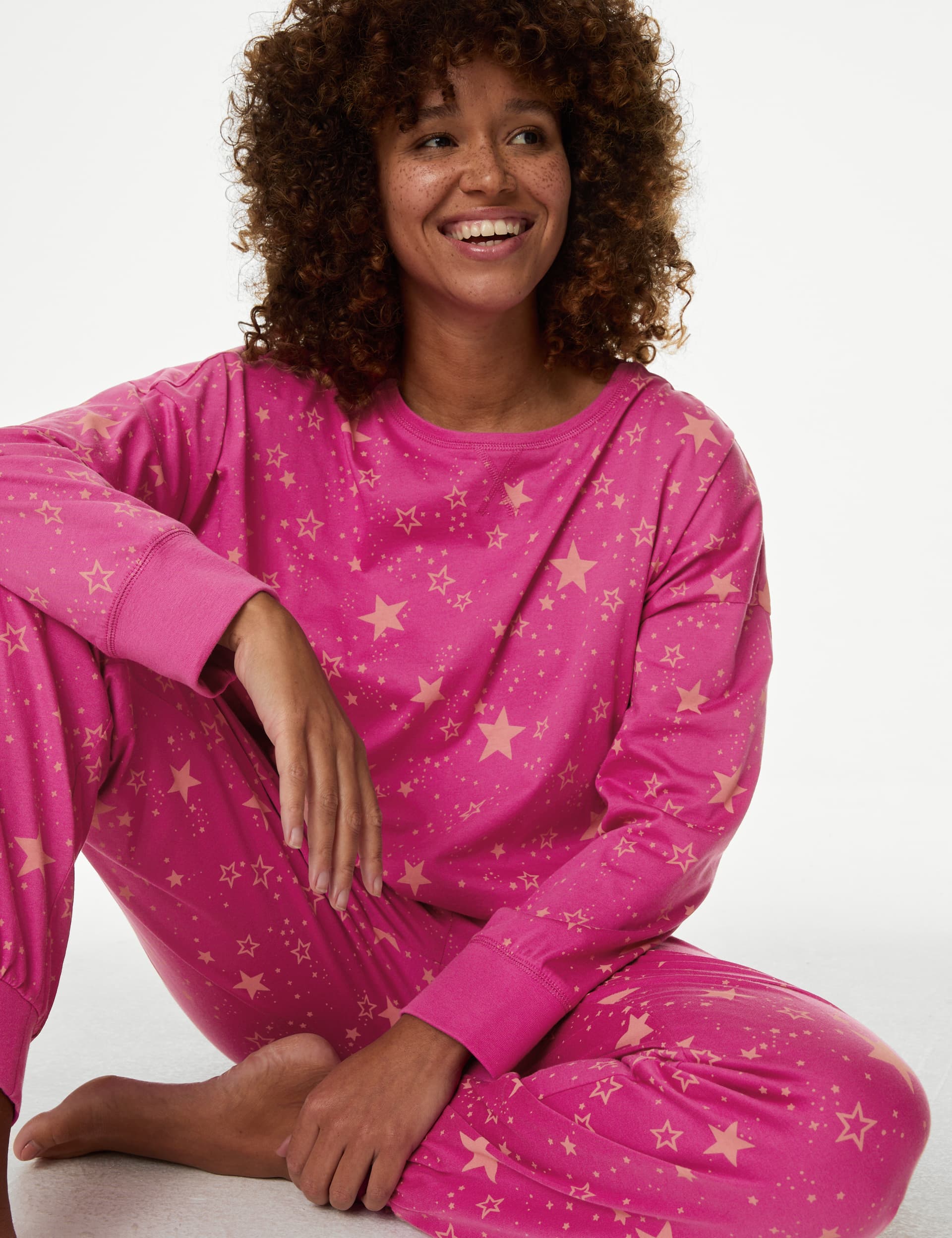 M&S Women's Pure Cotton Printed Pyjama Set - Pink Mix, Blue Mix,Pink Mix