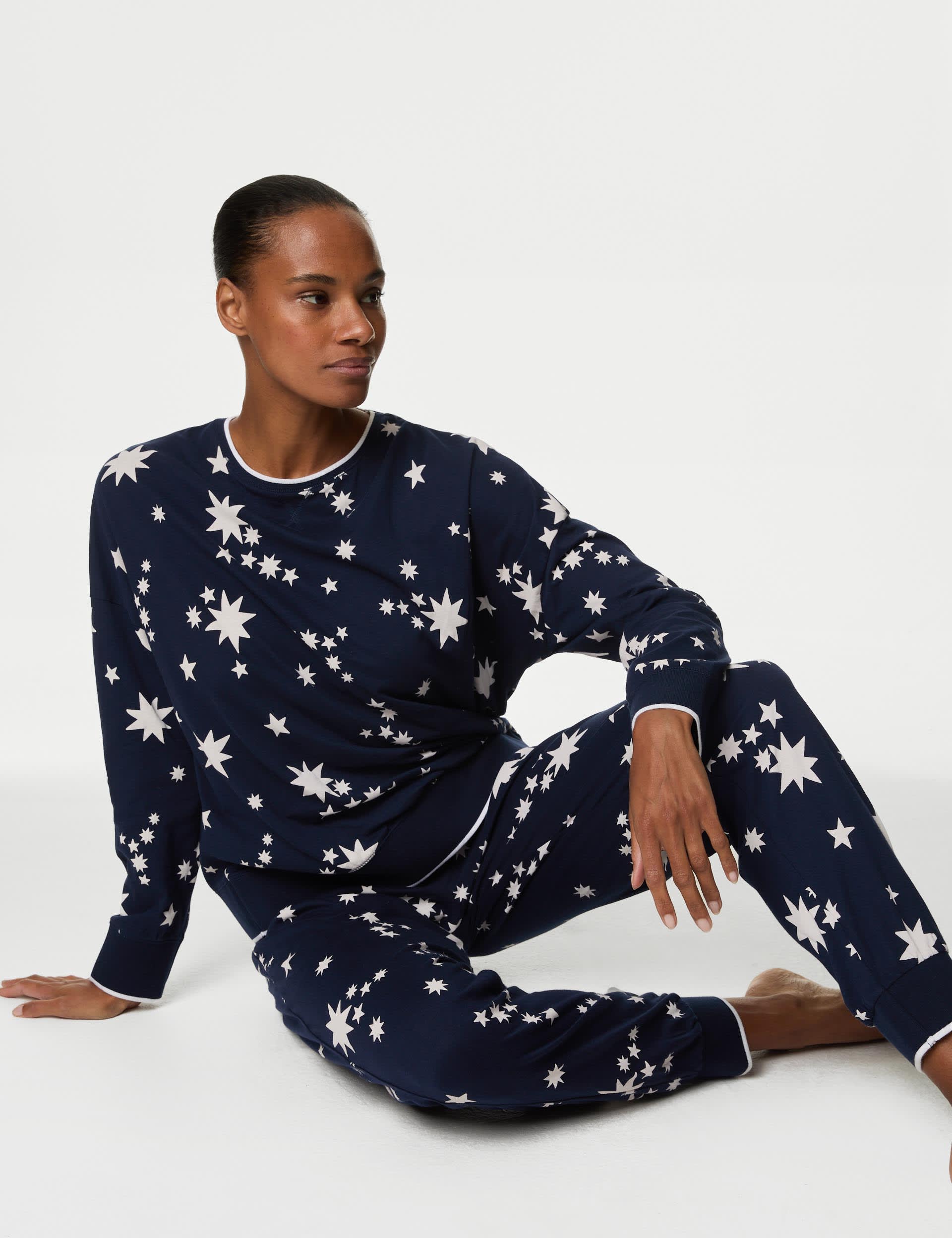 M&S Women's Pure Cotton Printed Pyjama Set - Navy Mix, Navy Mix,Ivory Mix,Pink Mix,Blue Mix