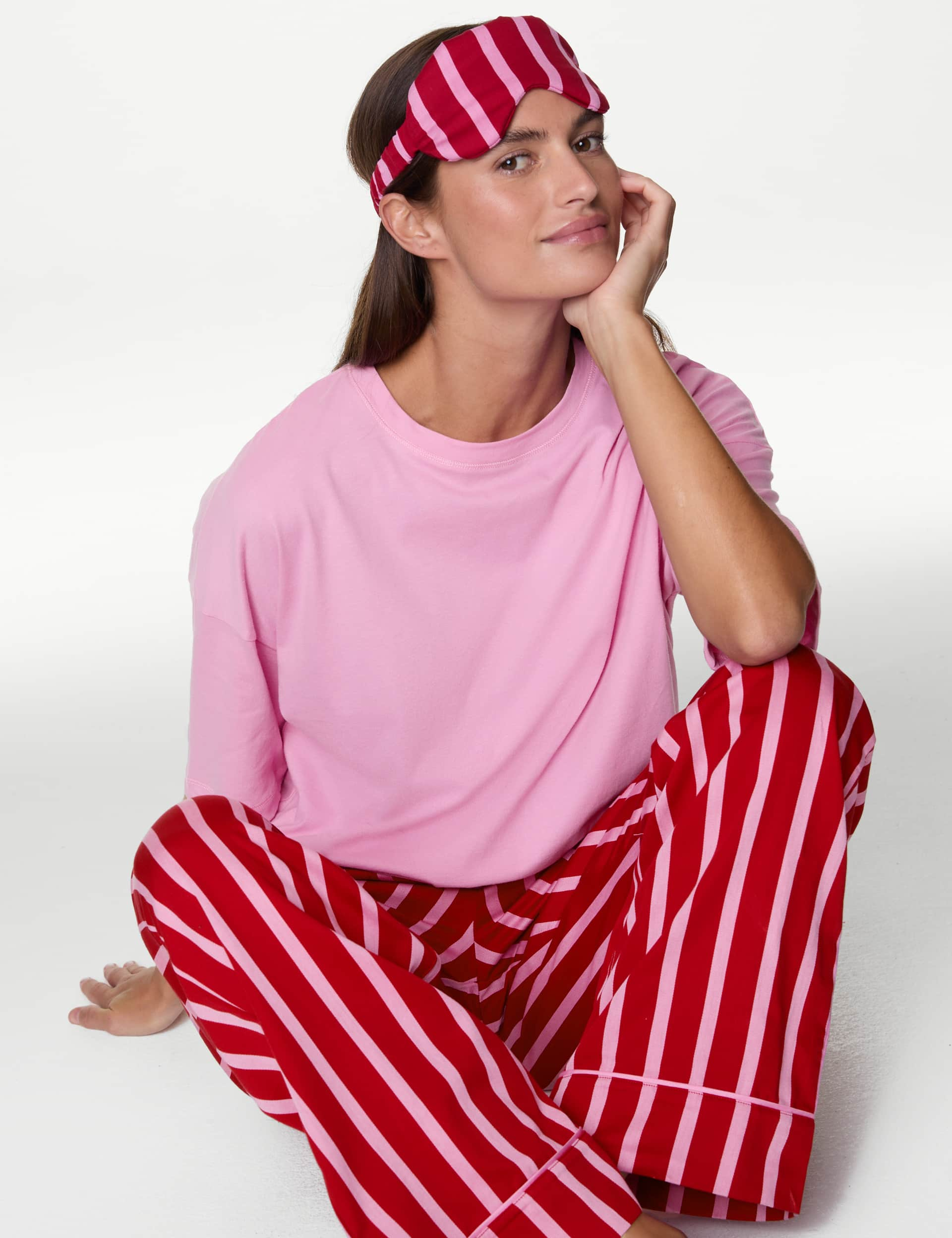 M&S Women's Candy Striped Family Christmas Pyjama Set with Eye Mask - 12 - Pink Mix, Pink Mix