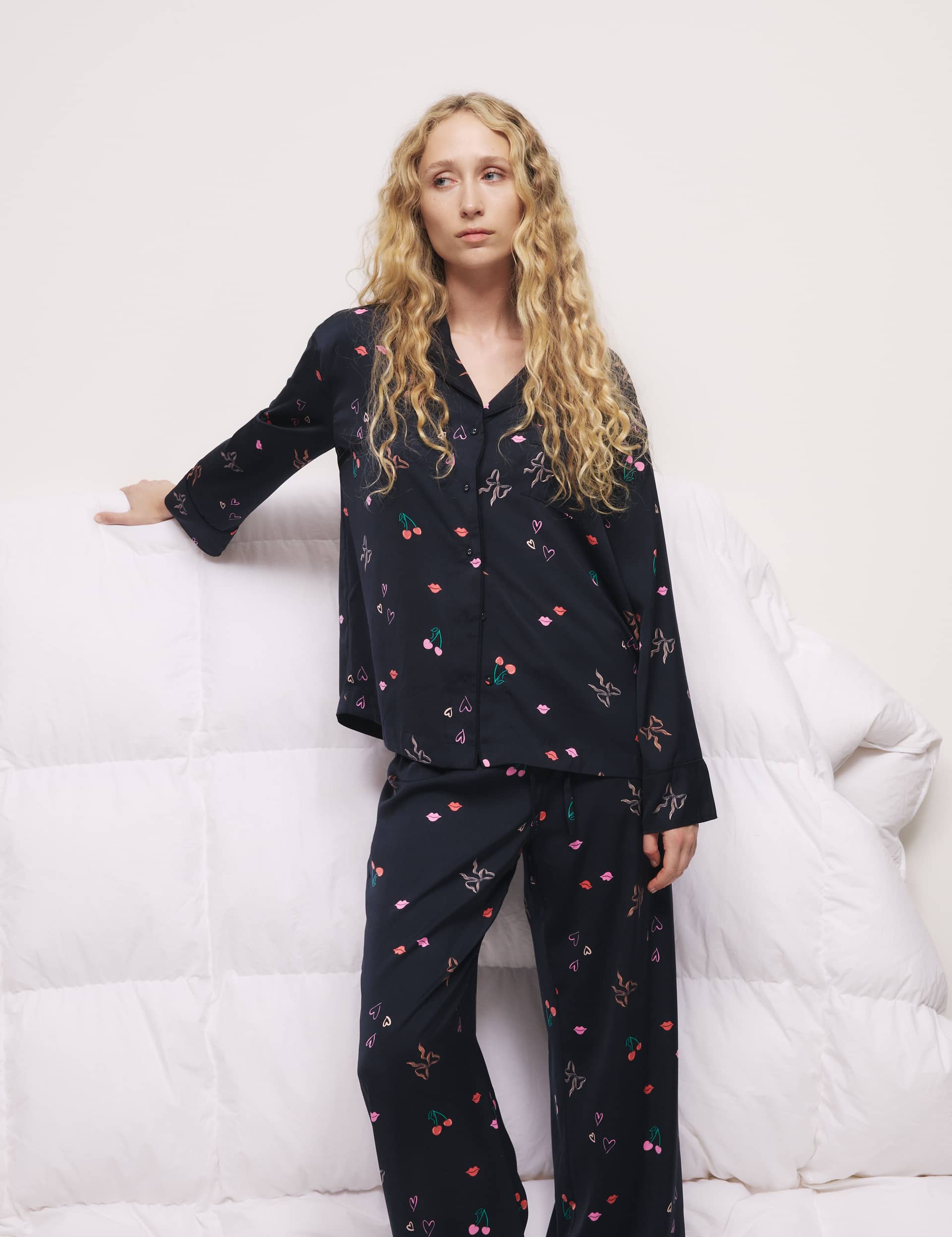 M&S Collection Women's Dream Satin Printed Revere Pyjama Set - 14 - Navy, Navy,Light Wedgewood