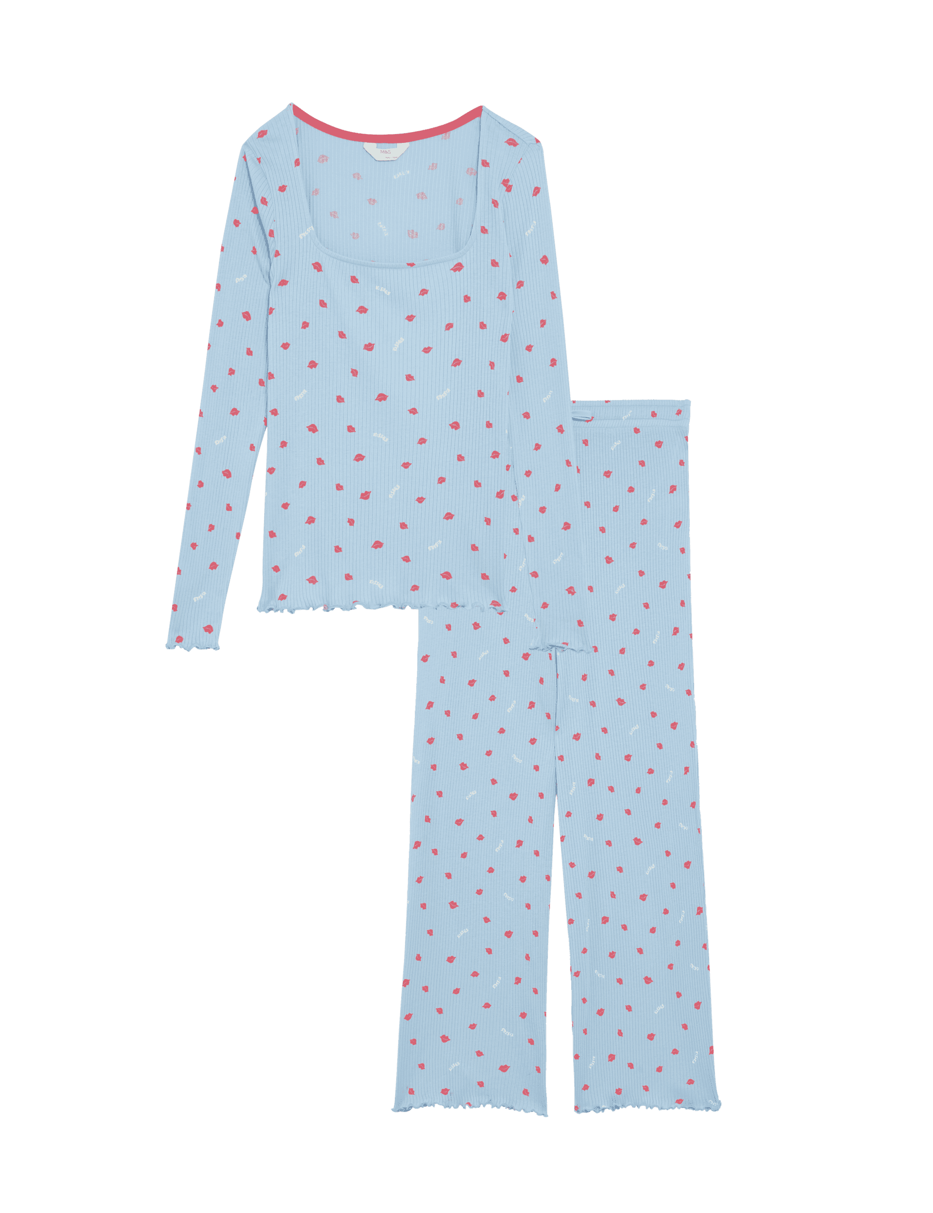 M&S Collection Women's Cool Comfort Printed Ribbed Pyjama Set - Light Wedgewood, Navy Mix,Light Wed