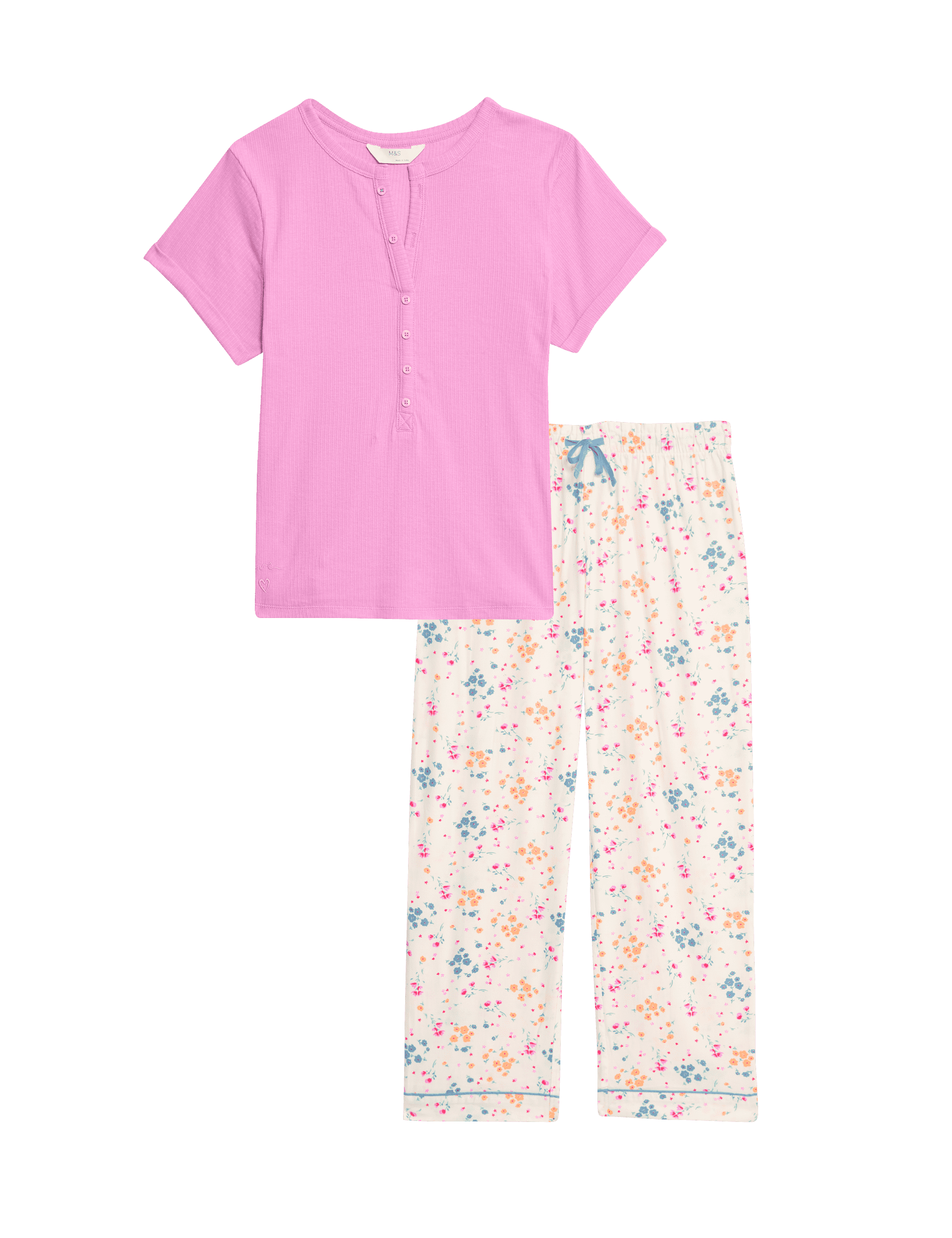 M&S Collection Women's Cotton Blend Floral Pyjama Set - 12 - Pink Mix, Pink Mix,Ivory Mix