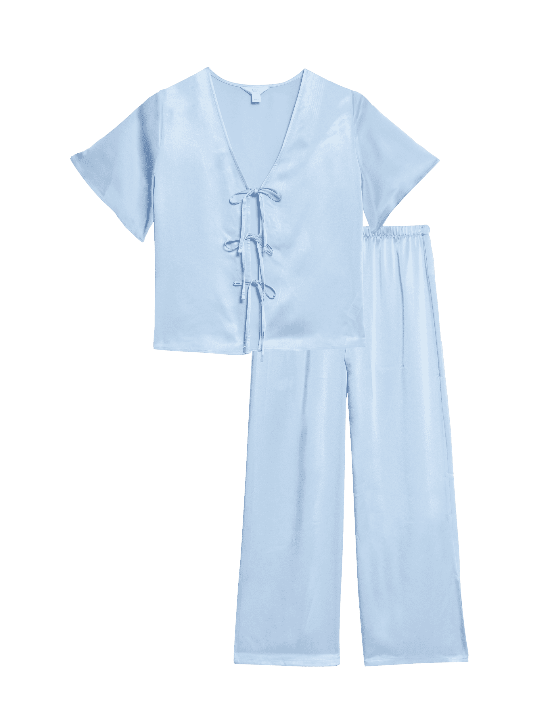 M&S Collection Women's Dream Satin Tie Front Pyjama Set - 14 - Light Wedgewood, Light Wedgewood,Fla