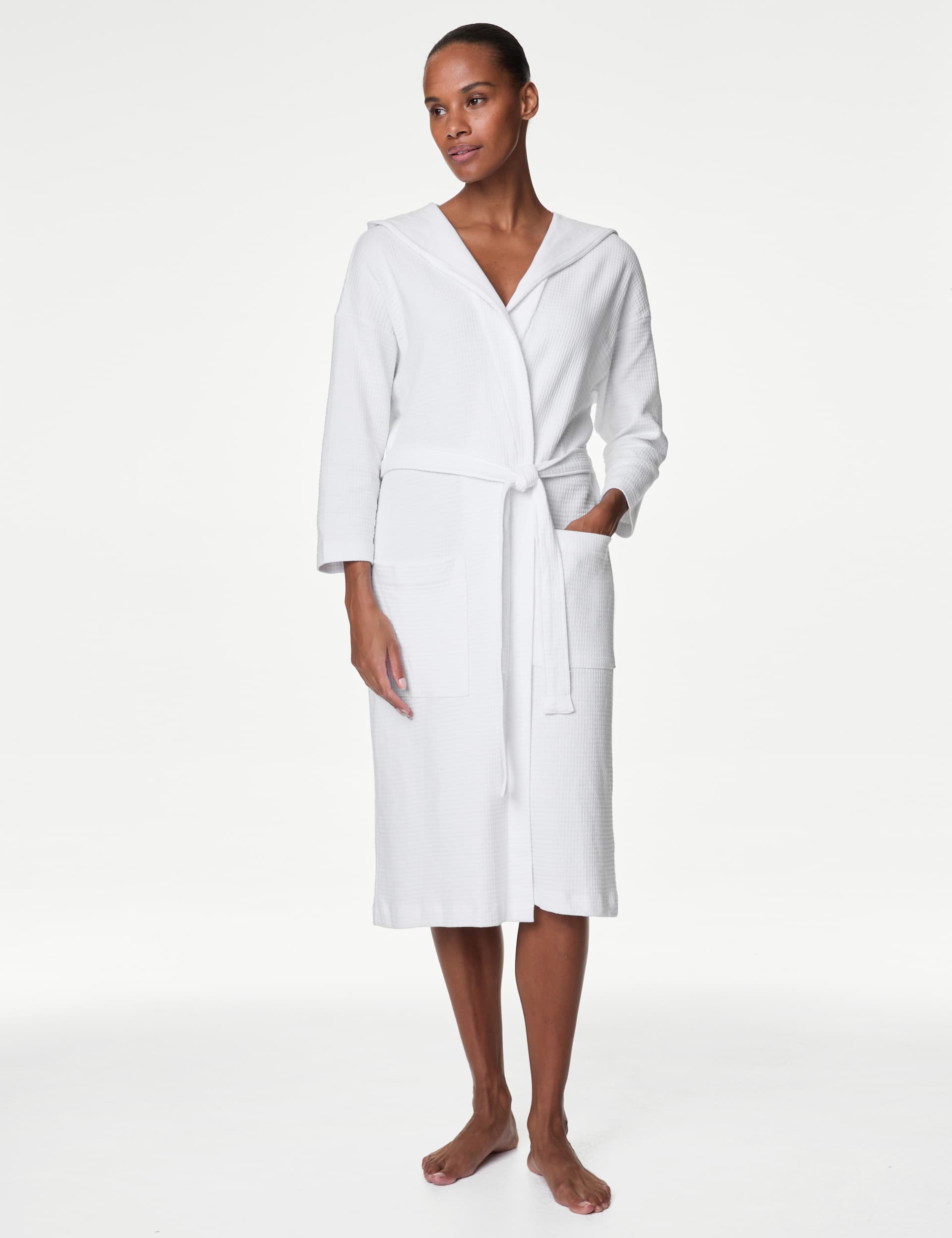 Body By M&S Women's Pure Cotton Jersey Waffle Dressing Gown - M - White, White