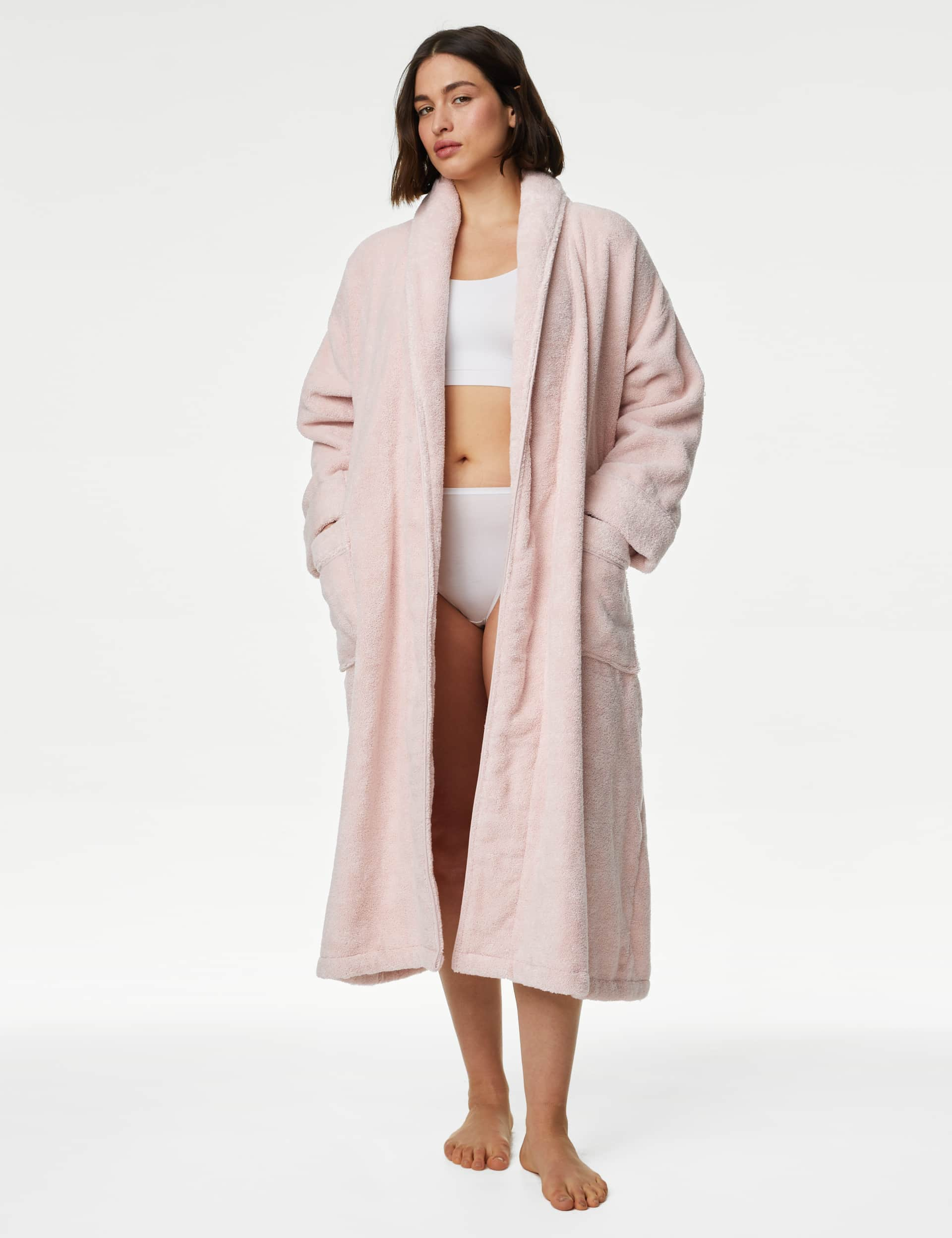 M&S Women's Pure Cotton Towelling Dressing Gown - M - Soft Pink, Black,Soft Pink,White