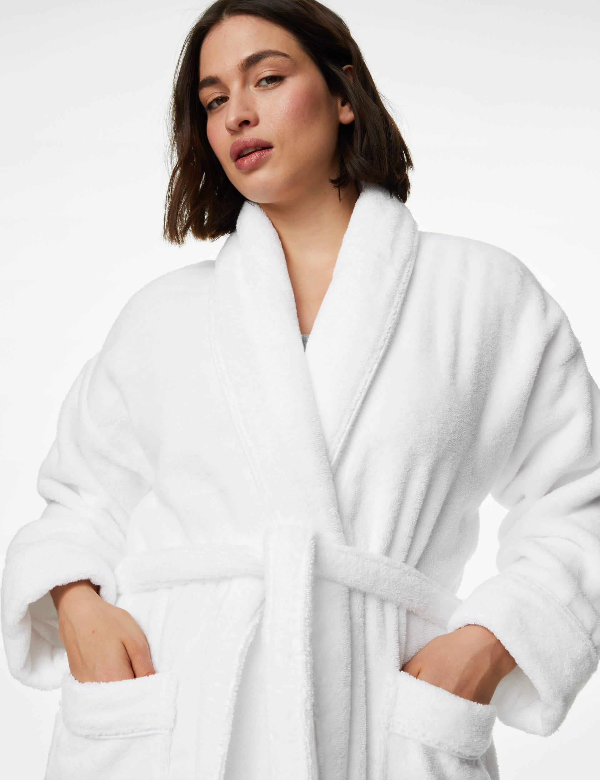 M&S Women's Pure Cotton Towelling Dressing Gown - M - White, Black,White,Soft Pink,Buff