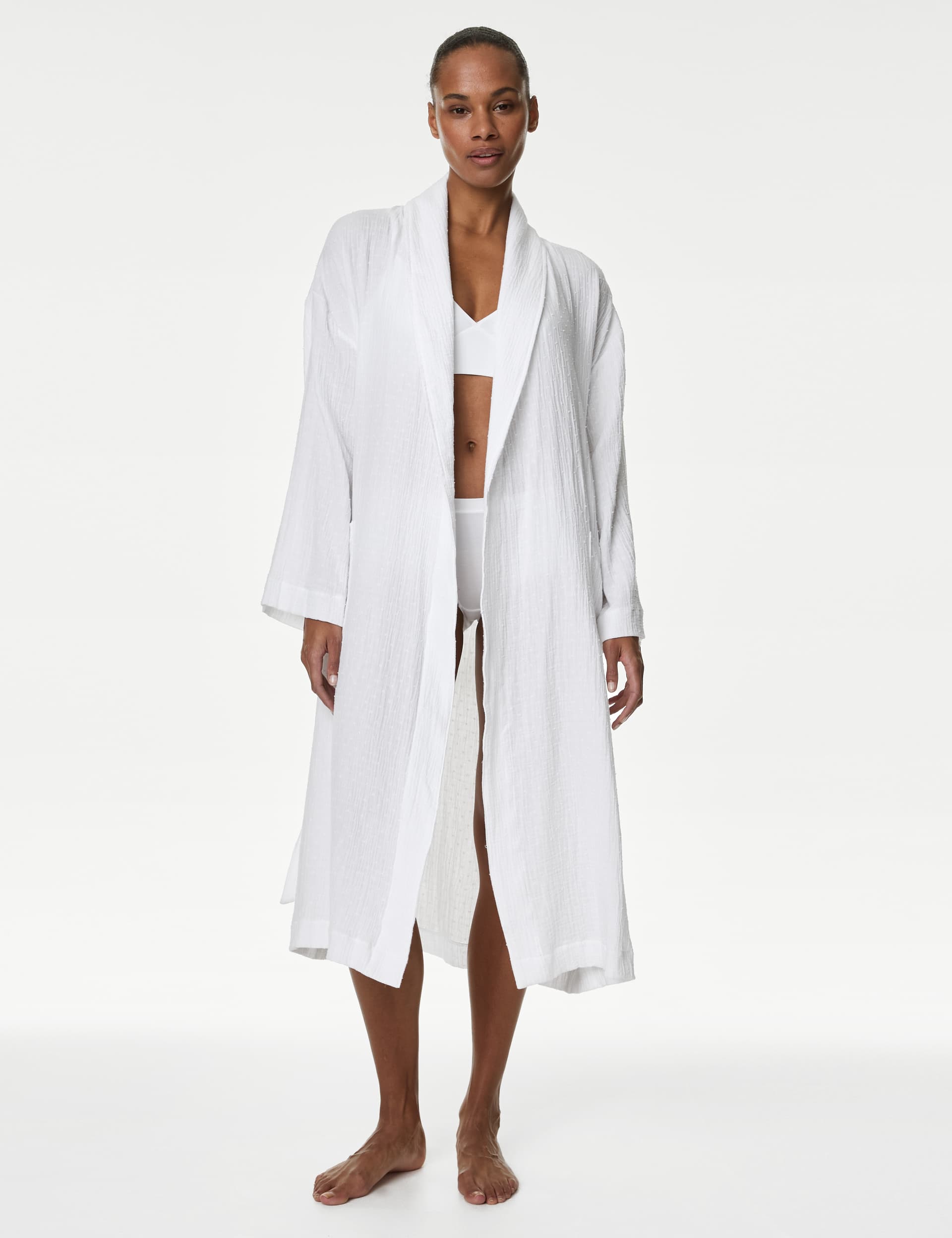 M&S Women's Pure Cotton Textured Dressing Gown - L - White, White