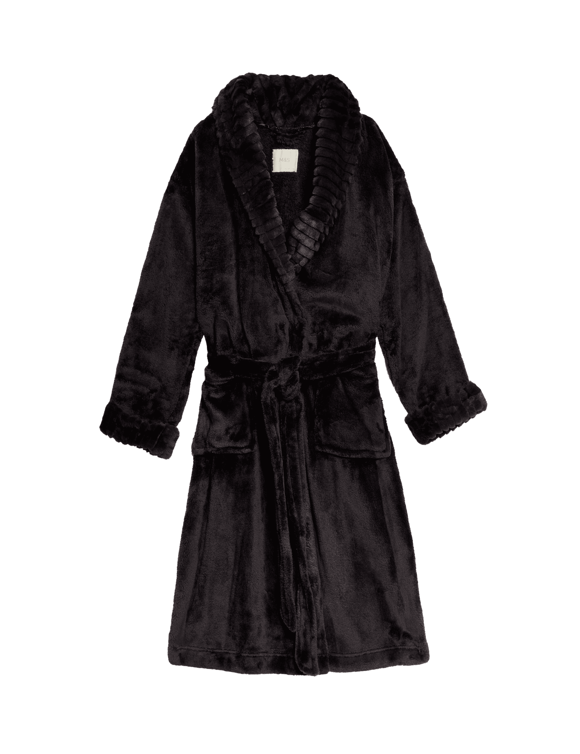 M&S Collection Women's Fleece Faux Fur Trim Dressing Gown - Charcoal, Charcoal,Fawn