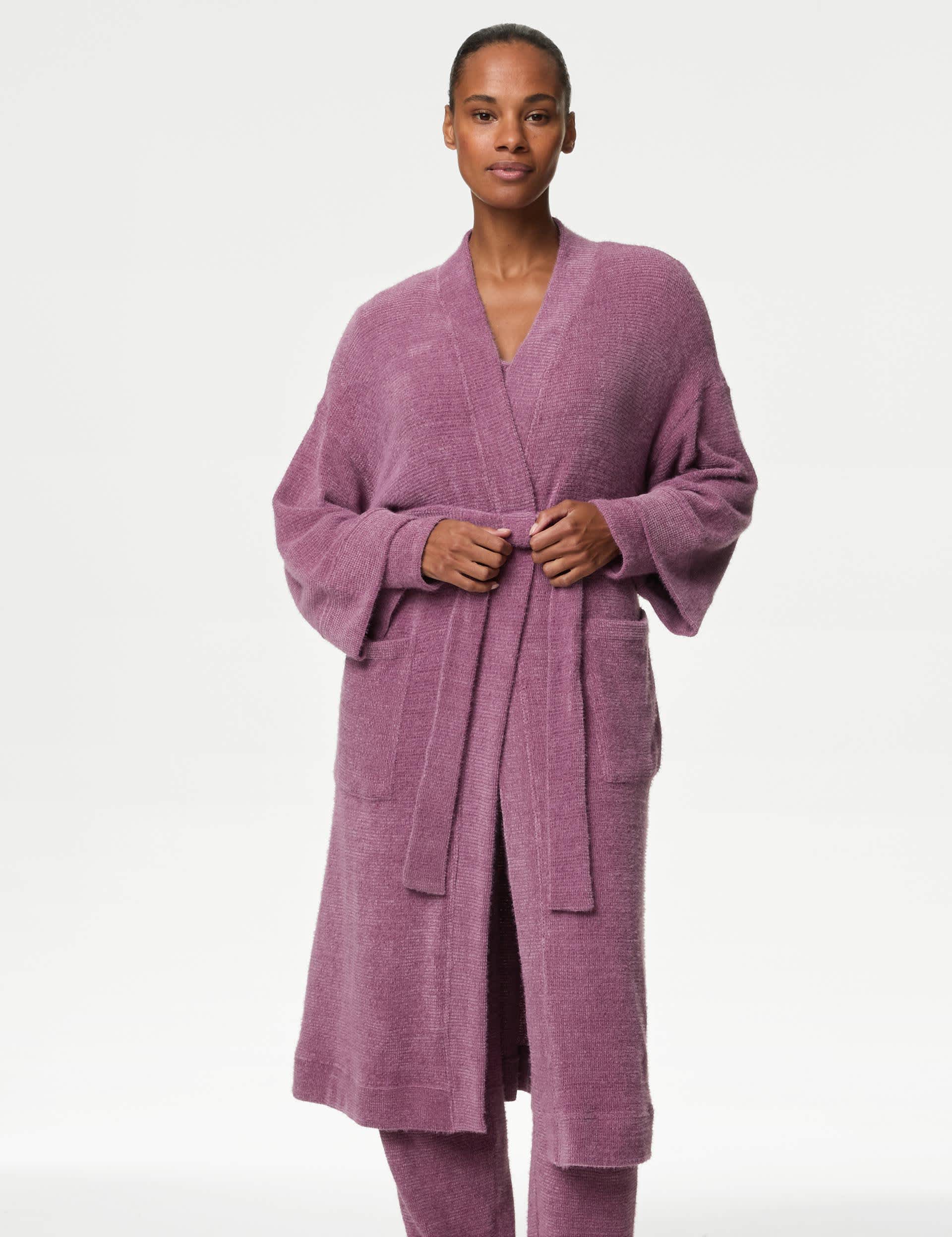 Body By M&S Women's Body Soft Feather Knit Dressing Gown - M - Damask, Damask,Black