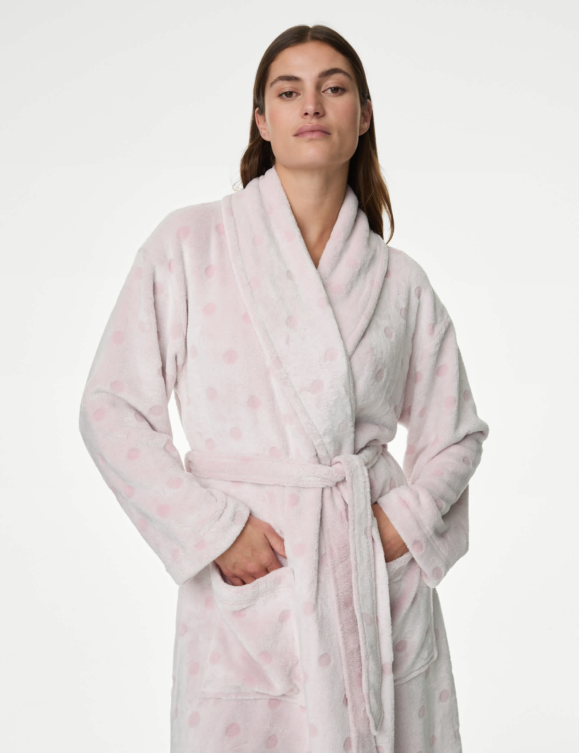 M&S Women's Fleece Polka Dot Dressing Gown - M - Pink Fizz, Grey,Pink Fizz