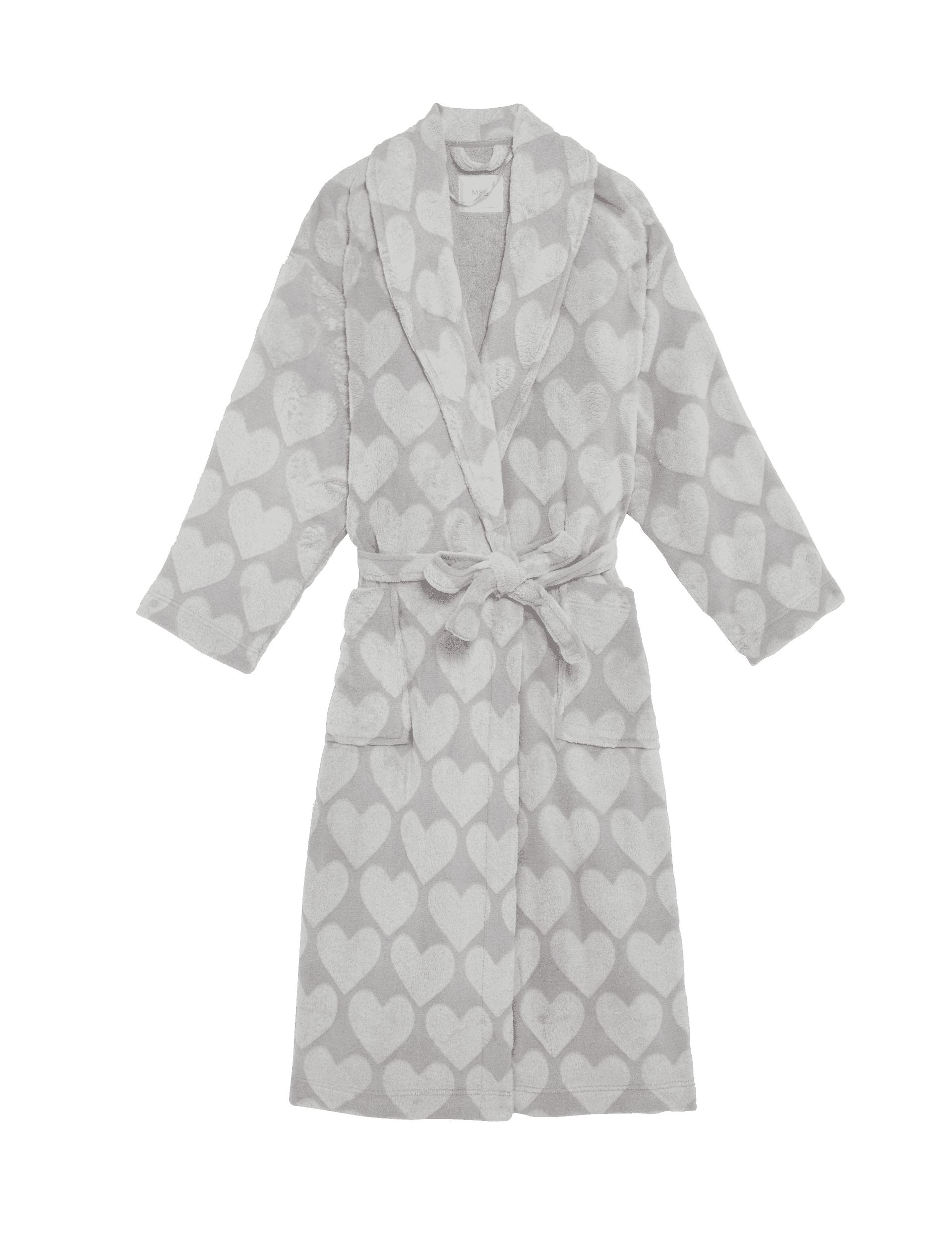 M&S Collection Women's Fleece Heart Print Dressing Gown - M - Silver Grey, Silver Grey,Peach