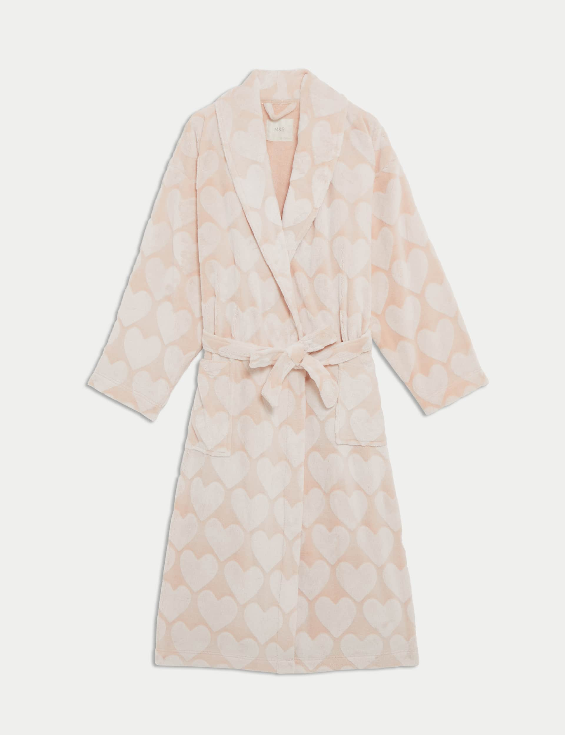 M&S Collection Women's Fleece Heart Print Dressing Gown - M - Peach, Silver Grey,Peach