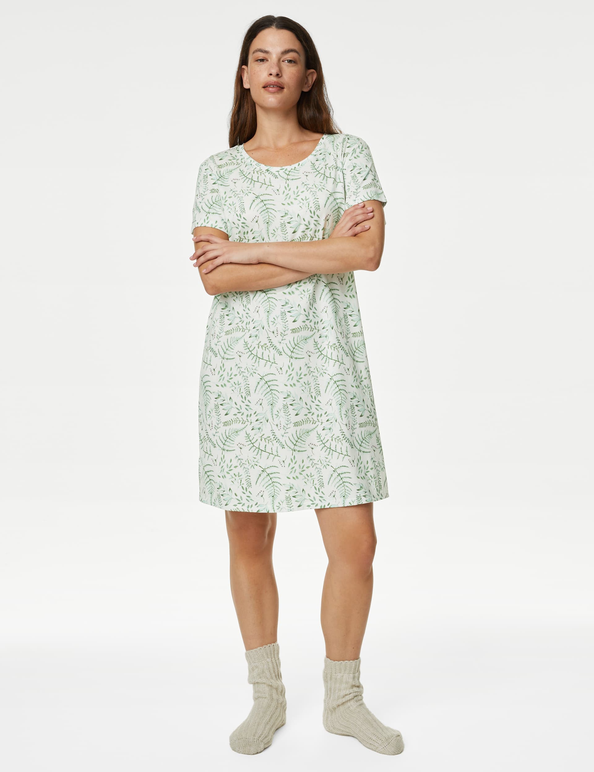 M&S Women's Cool Comfort Cotton Modal Printed Nightdress - XS - Green Mix, Green Mix