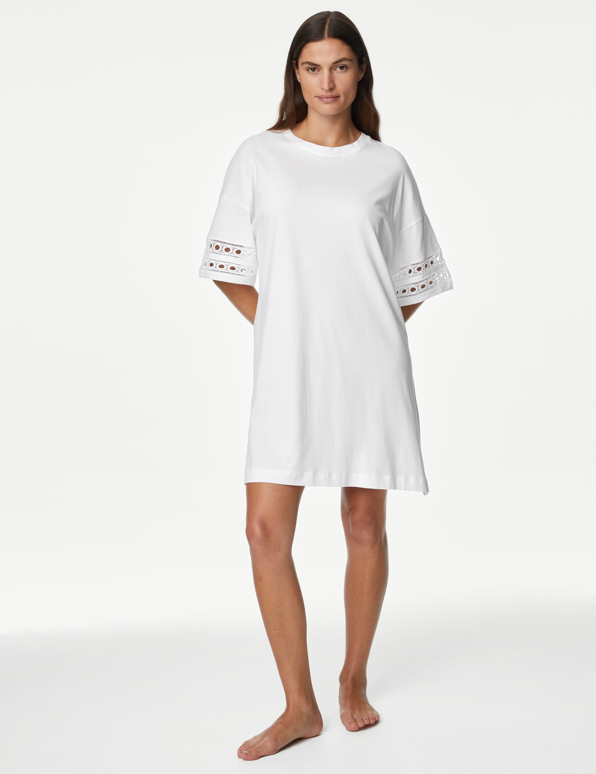 Body By M&S Women's Pure Cotton Broderie Trim Nightdress - White, White,Navy