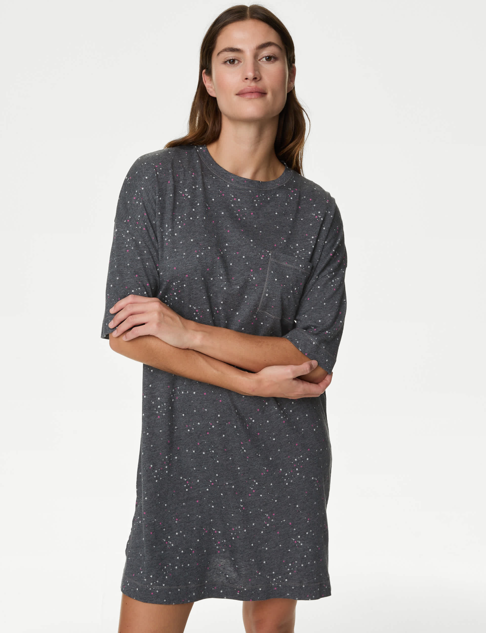 M&S Women's Cool Comfort Star Nightdress - Charcoal Mix, Charcoal Mix