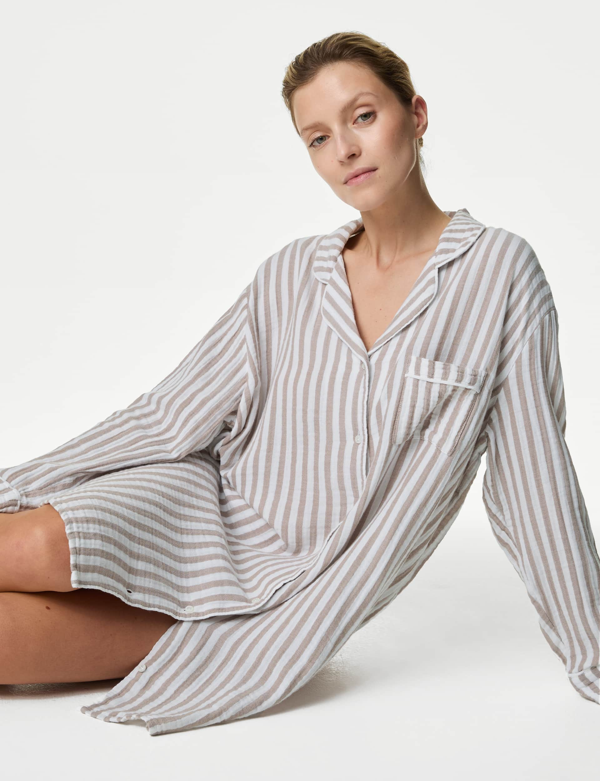 Body By M&S Women's Muslin Cool Comfort Striped Nightshirt - 14 - Fawn, Fawn