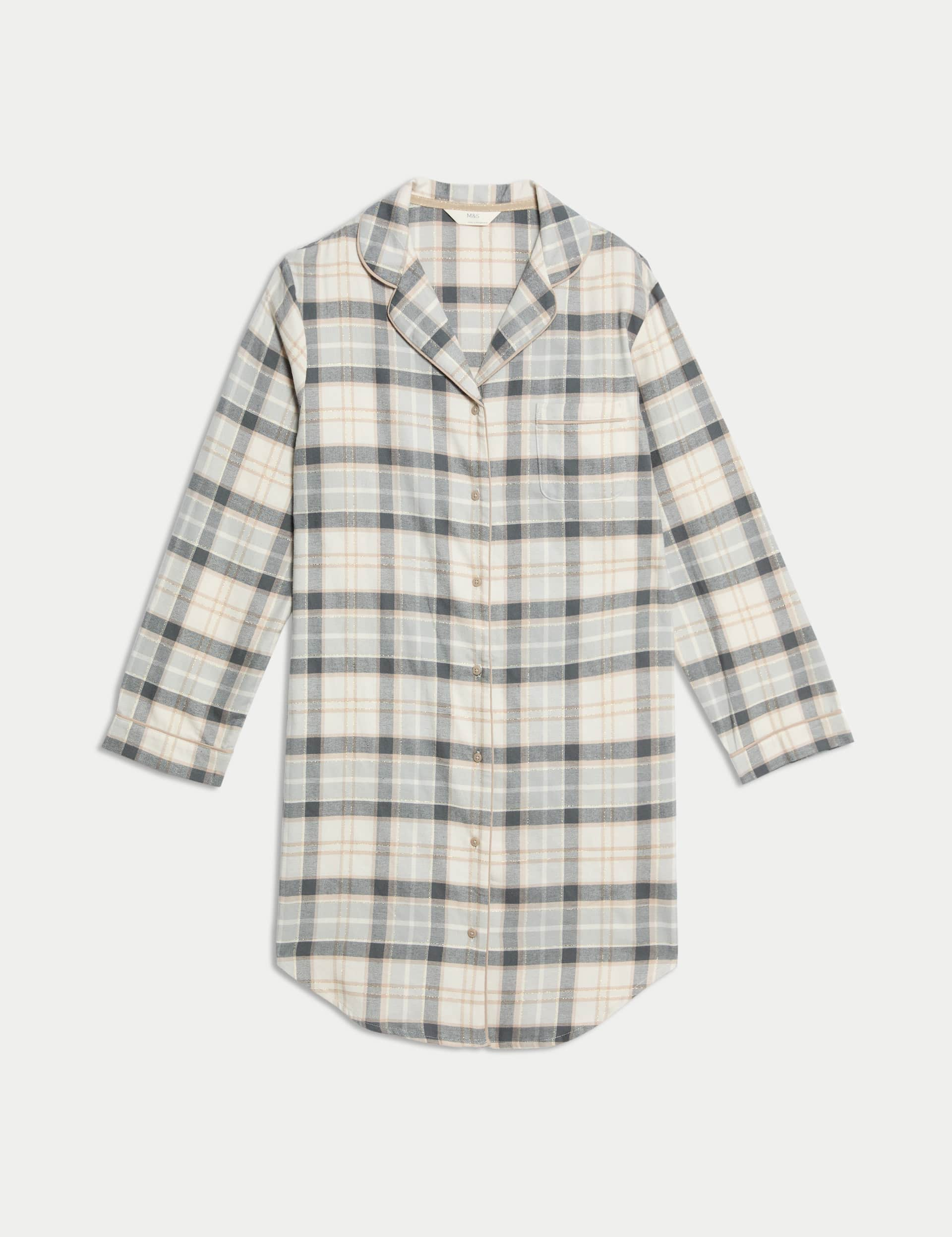 M&S Women's Cotton Rich Checked Nightshirt - 14 - Neutral, Neutral