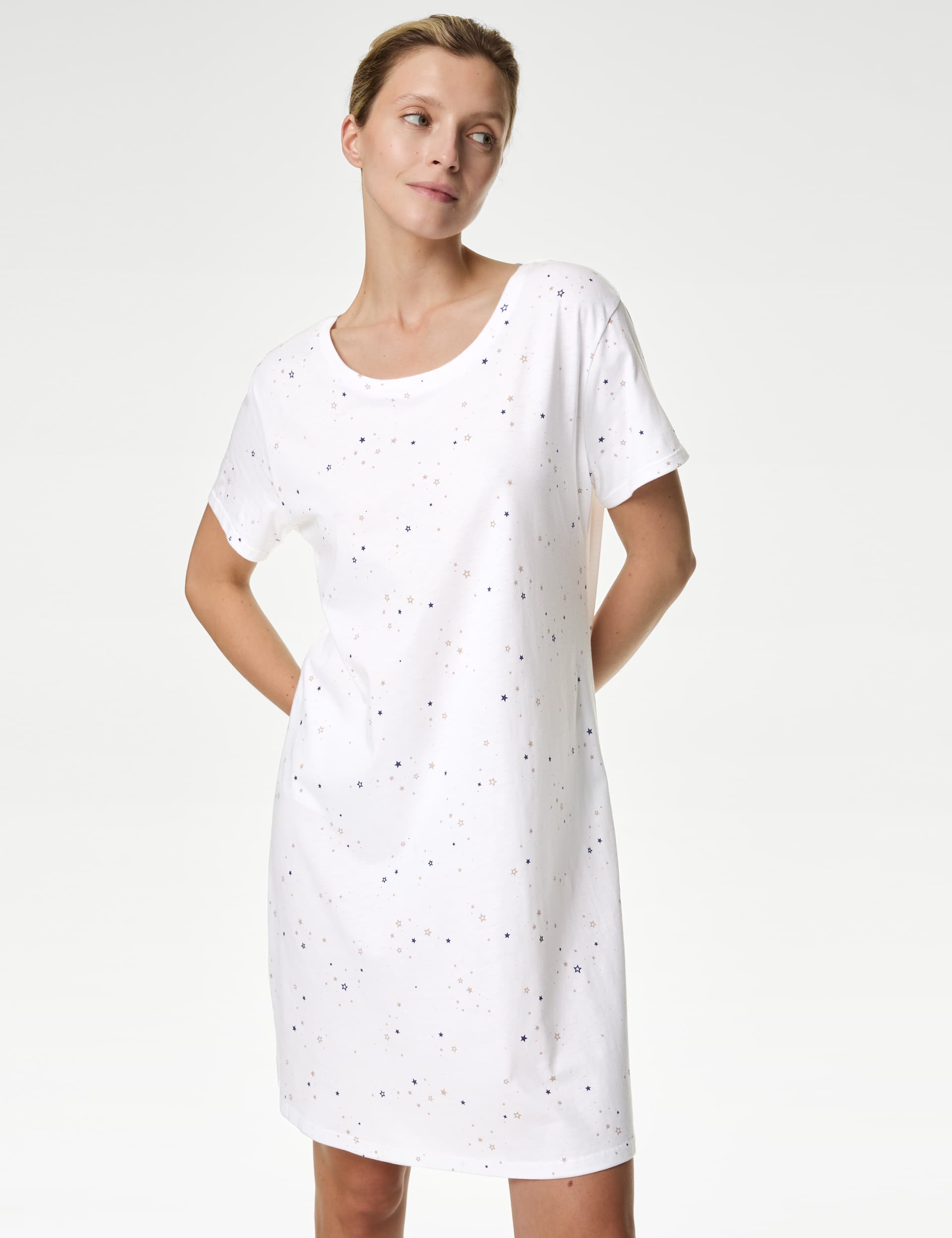 M&S Women's Cool Comfort Star Nightdress - White Mix, White Mix