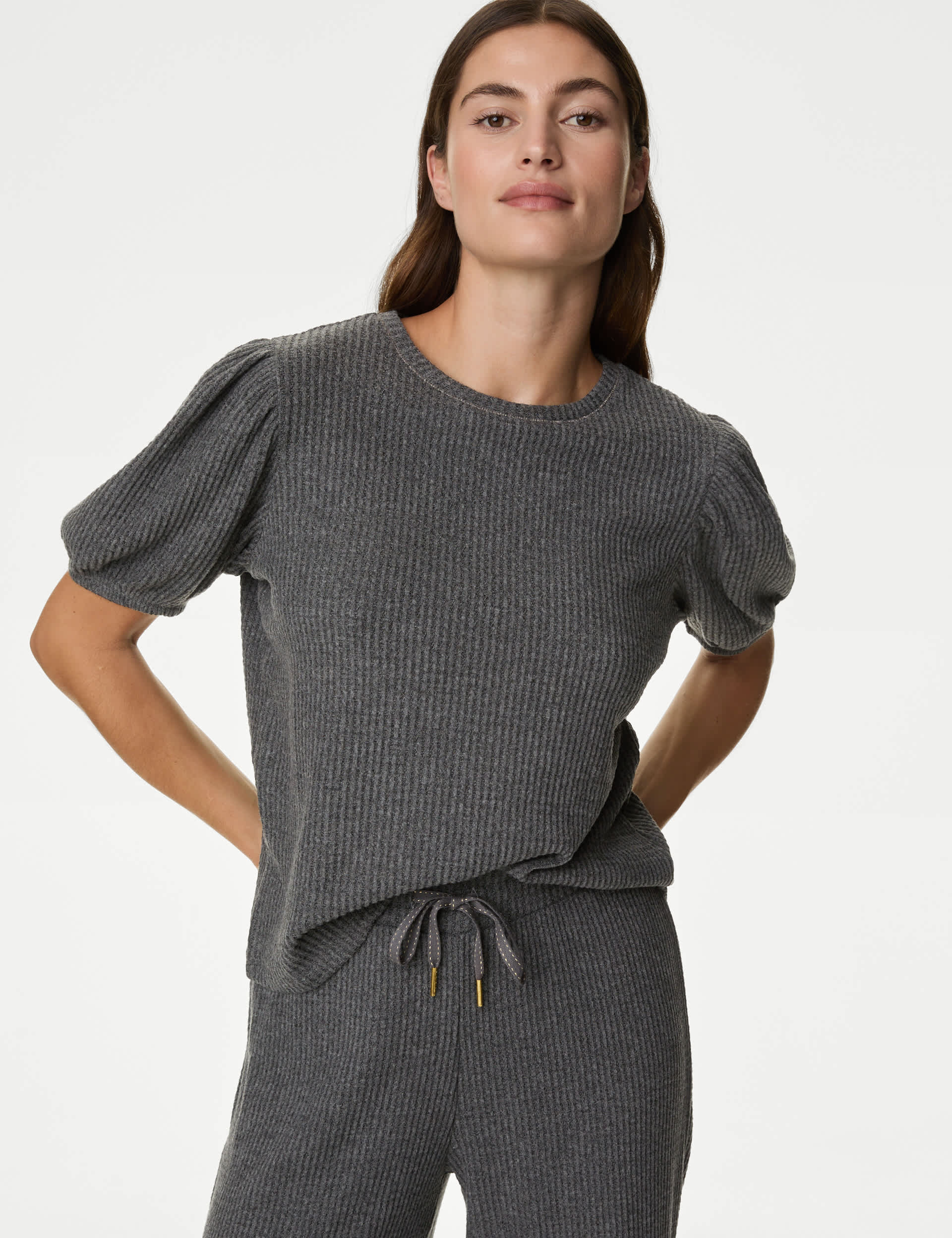 M&S Women's Cosy Waffle Pyjama Top - Charcoal, Ivory,Charcoal