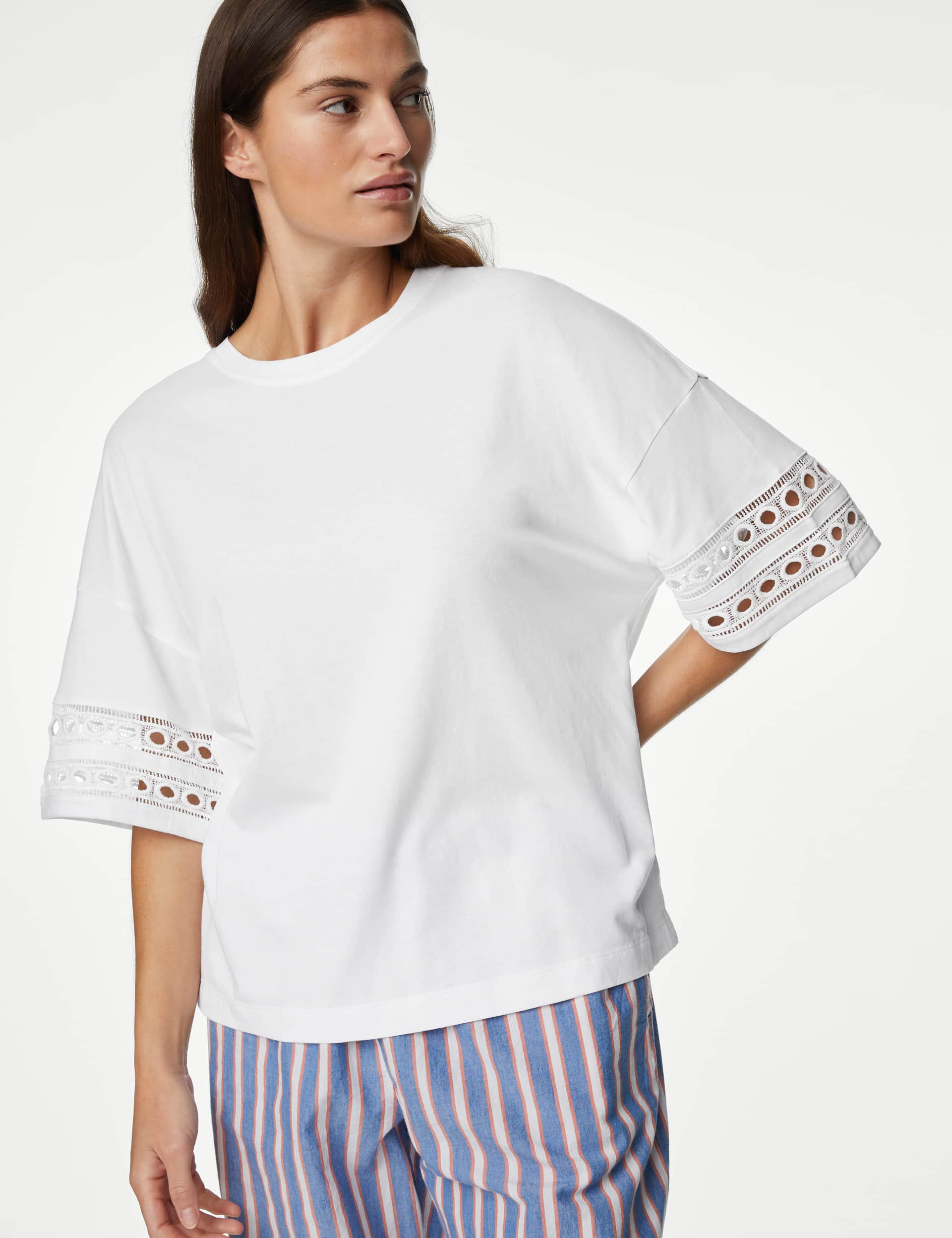 M&S Women's Cotton Modal Embroidered Pyjama Top - XS - White, White