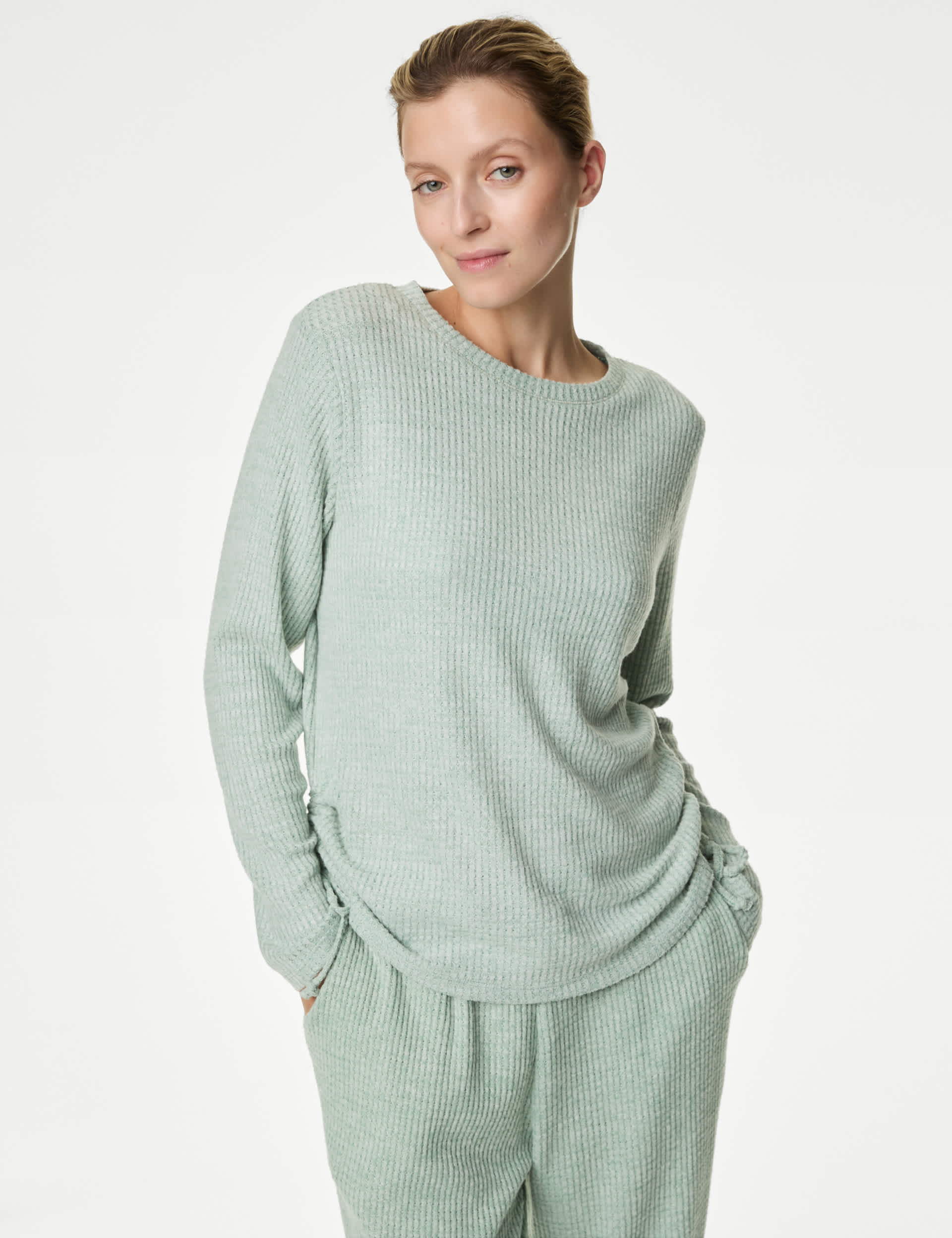 M&S Women's Waffle Pyjama Top - Green, Green,Nutmeg