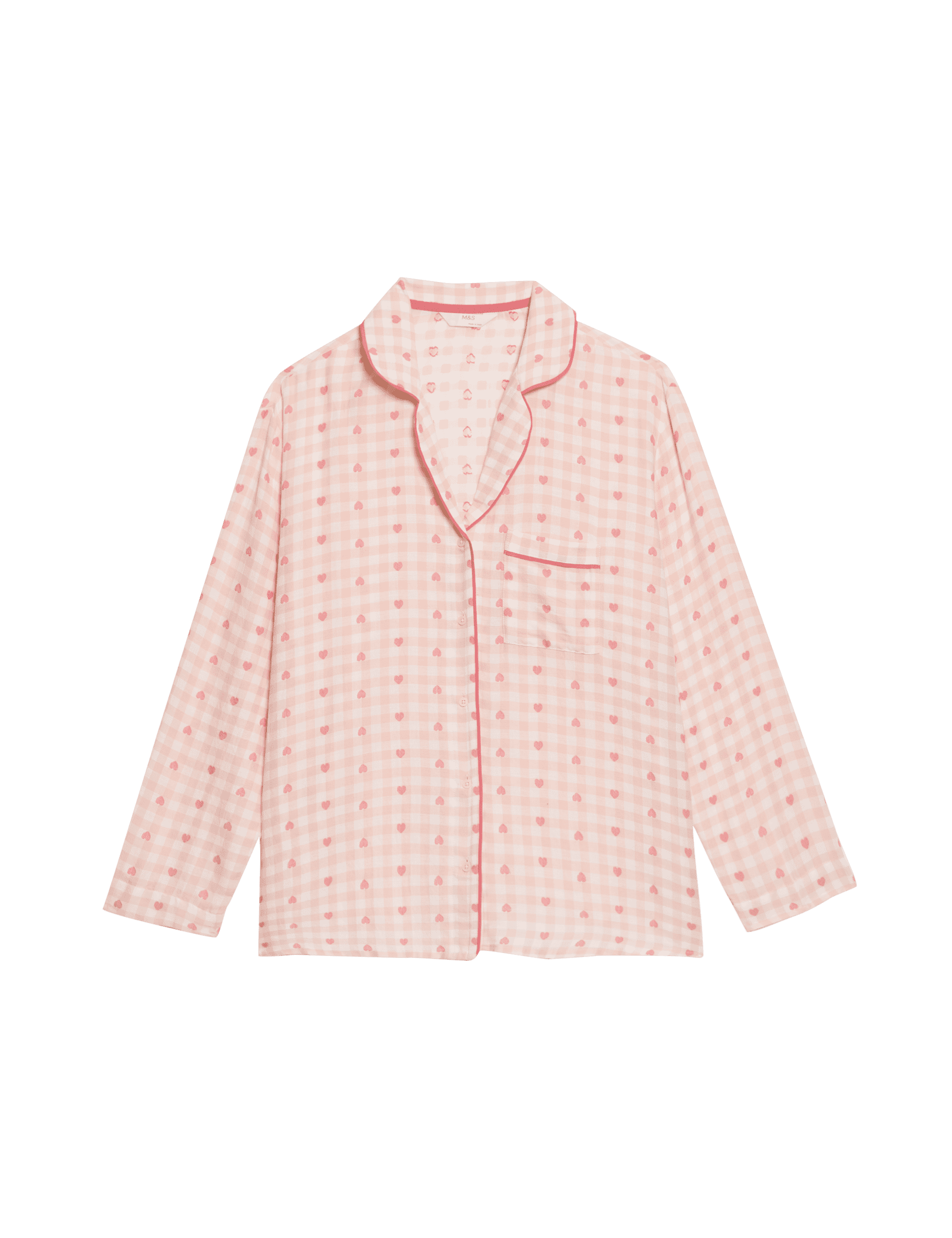 M&S Collection Women's Cotton Rich Checked Heart Print Pyjama Top - 12 - Peach, Peach