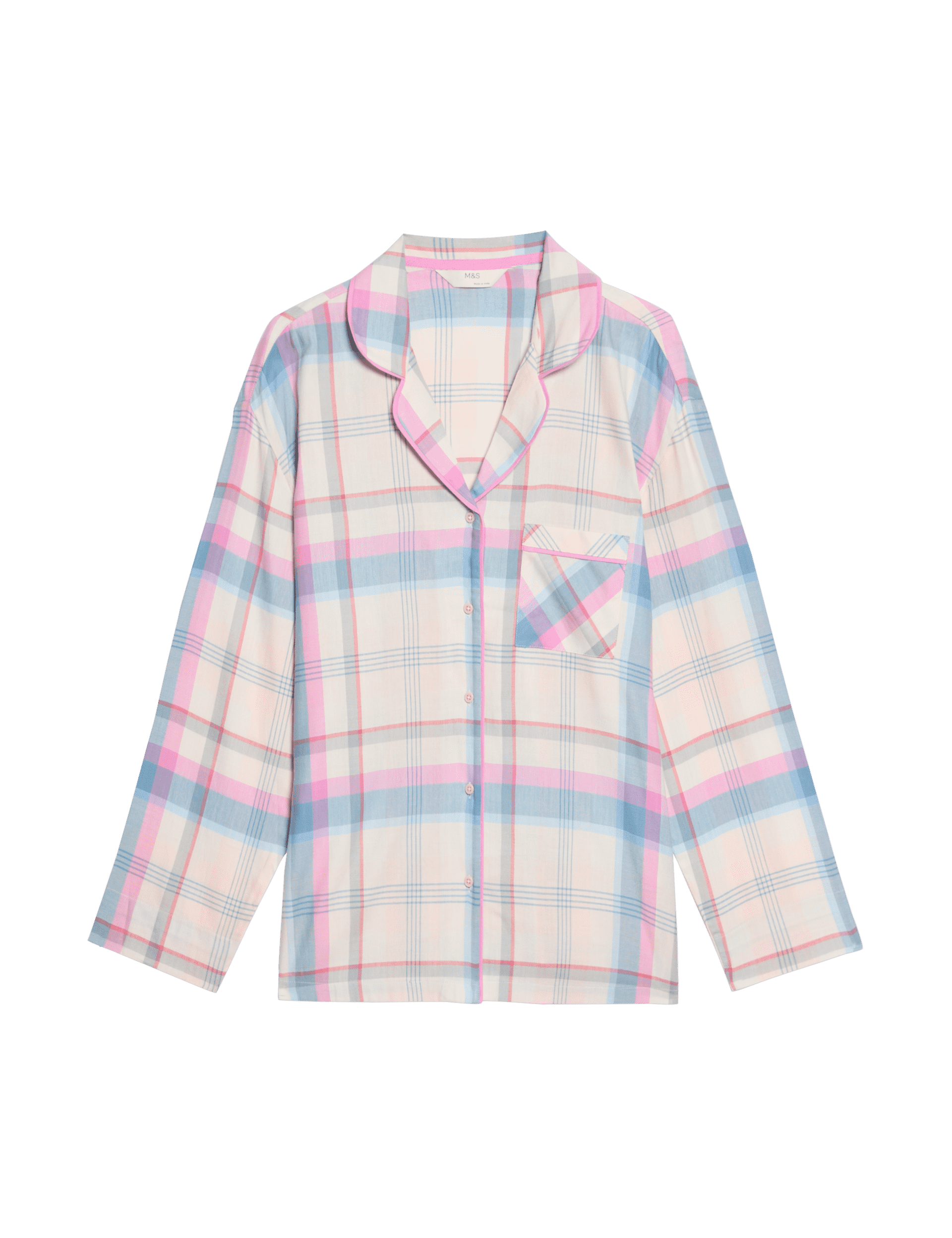 M&S Collection Women's Cotton Blend Checked Pyjama Top - 12 - Peach Mix, Peach Mix