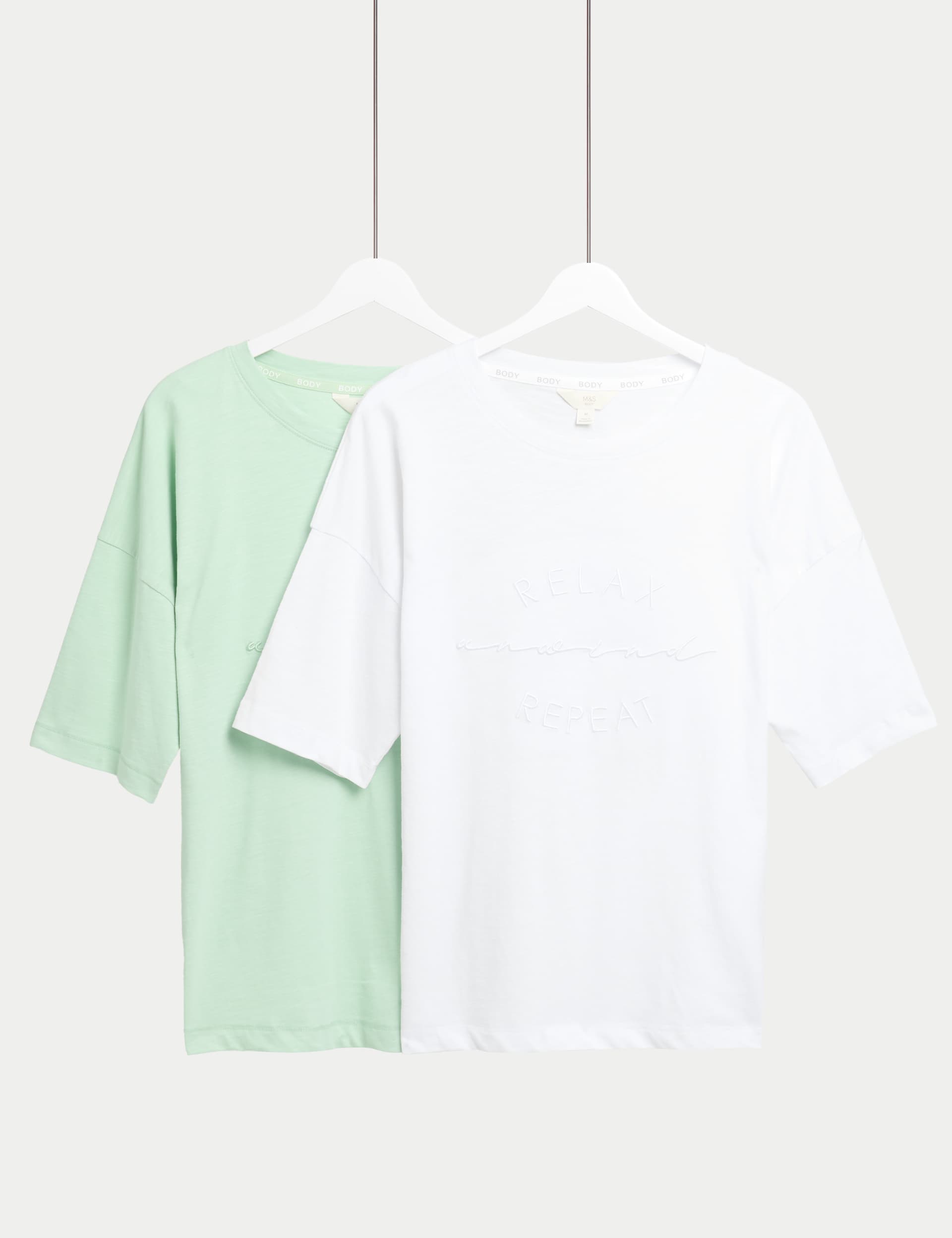 M&S Collection Women's 2 Pack Pure Cotton Embroidered Pyjama Tops - Light Mint, Light Mint