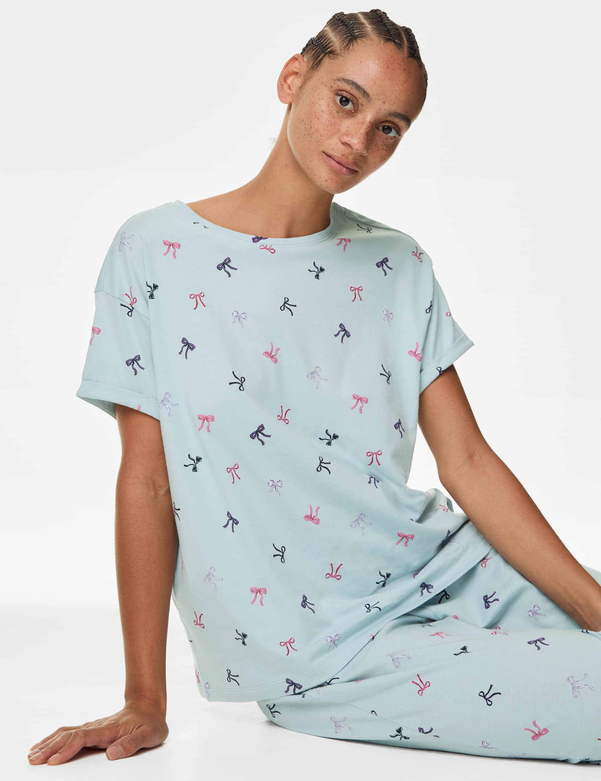 M&S Women's Pure Cotton Bow Print Pyjama Set - Blue Mix, Blue Mix