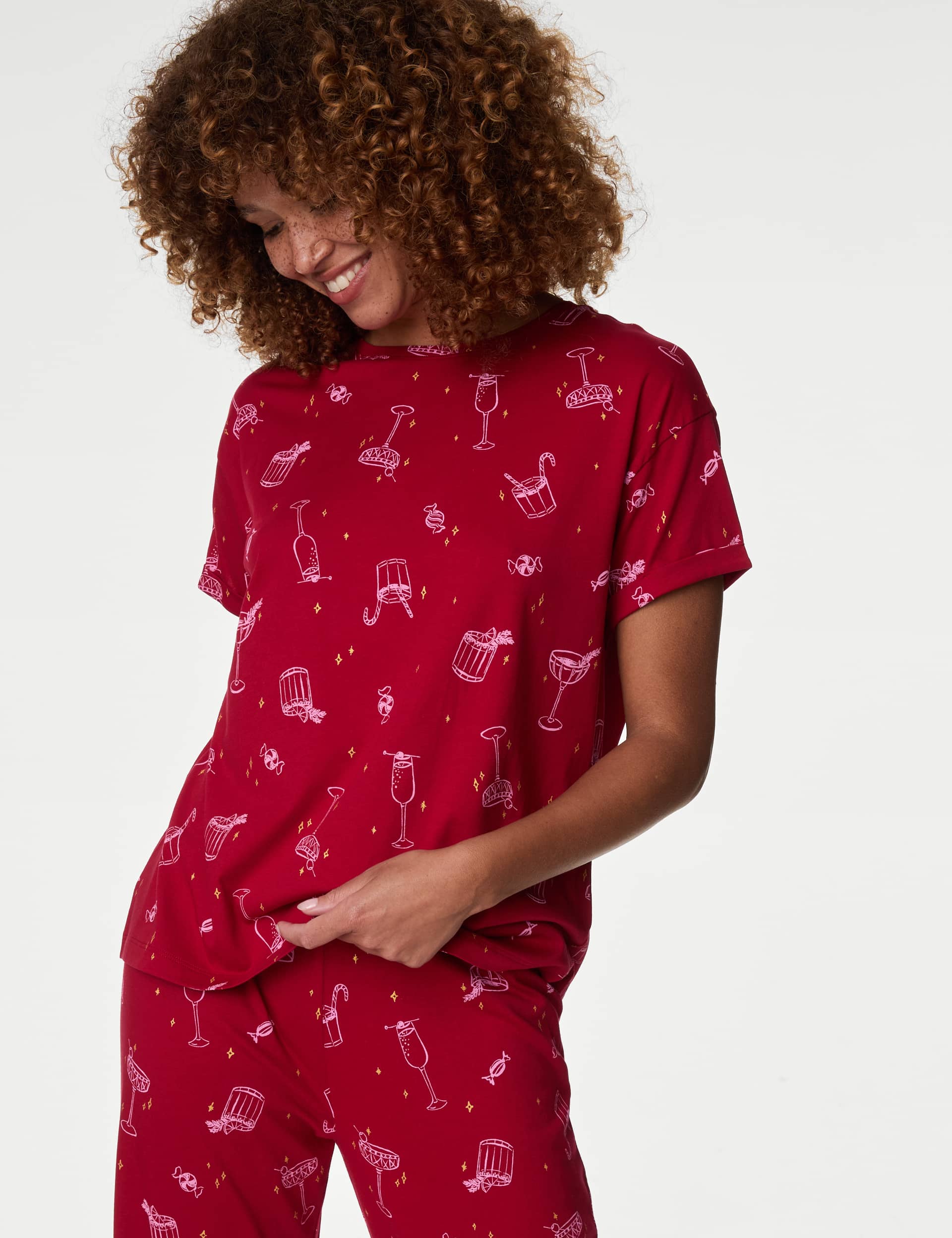 M&S Women's Pure Cotton Print Pyjama Set - Red Mix, Pink Mix,Red Mix,Black Mix,Grey Mix