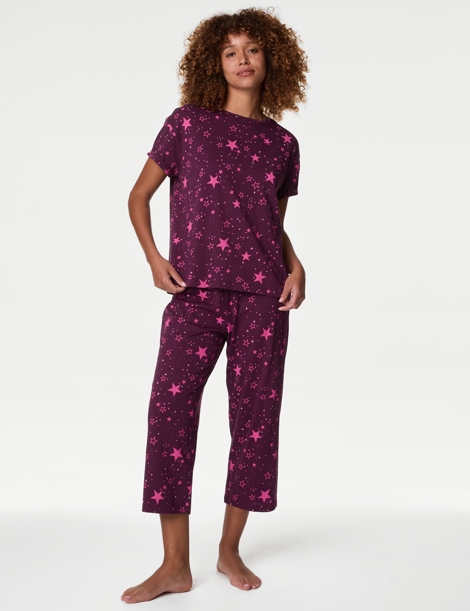 M&S Women's Pure Cotton Printed Cropped Pyjama Set - Purple Mix, Black Mix,Purple Mix