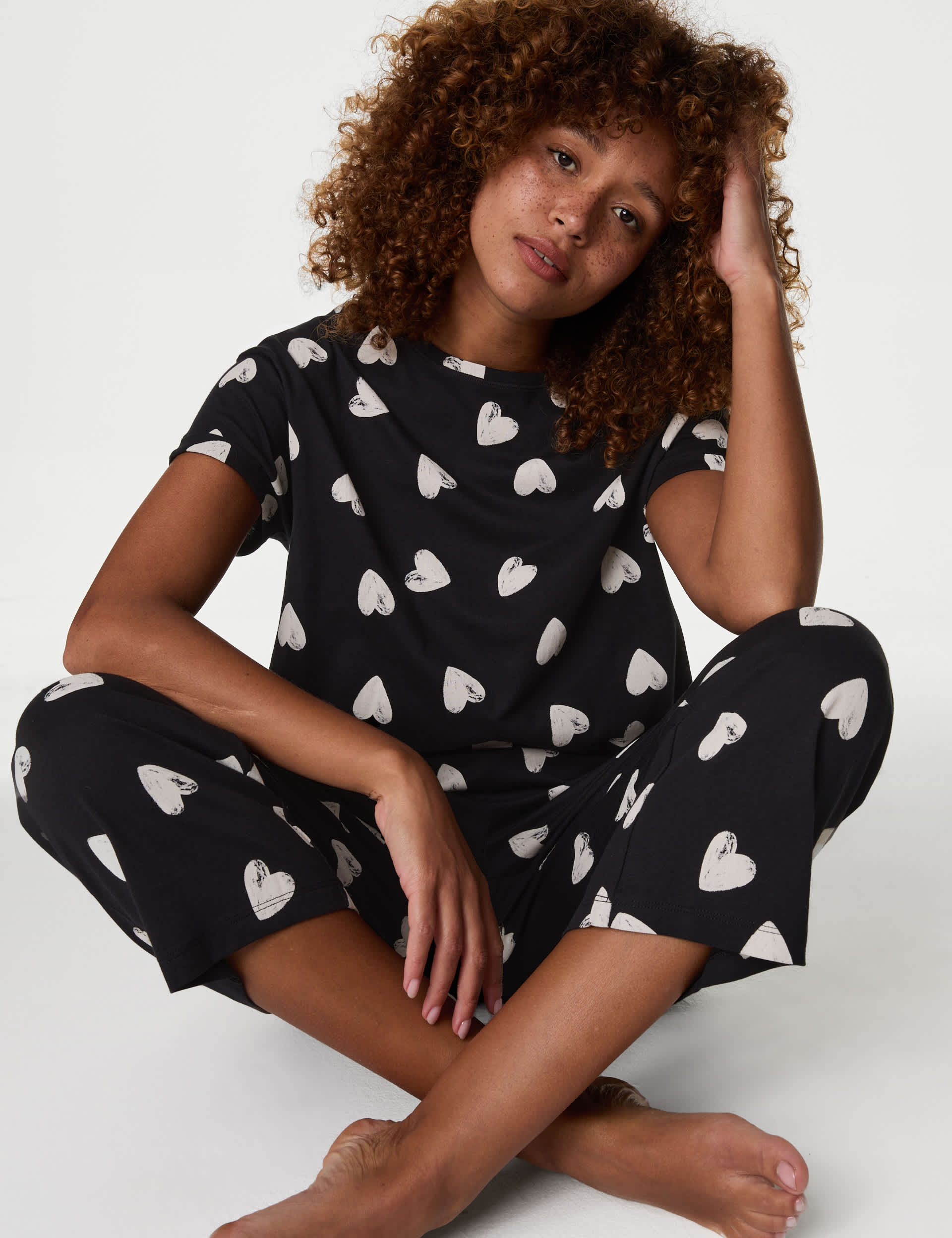 M&S Women's Pure Cotton Printed Cropped Pyjama Set - Black Mix, Black Mix,Purple Mix