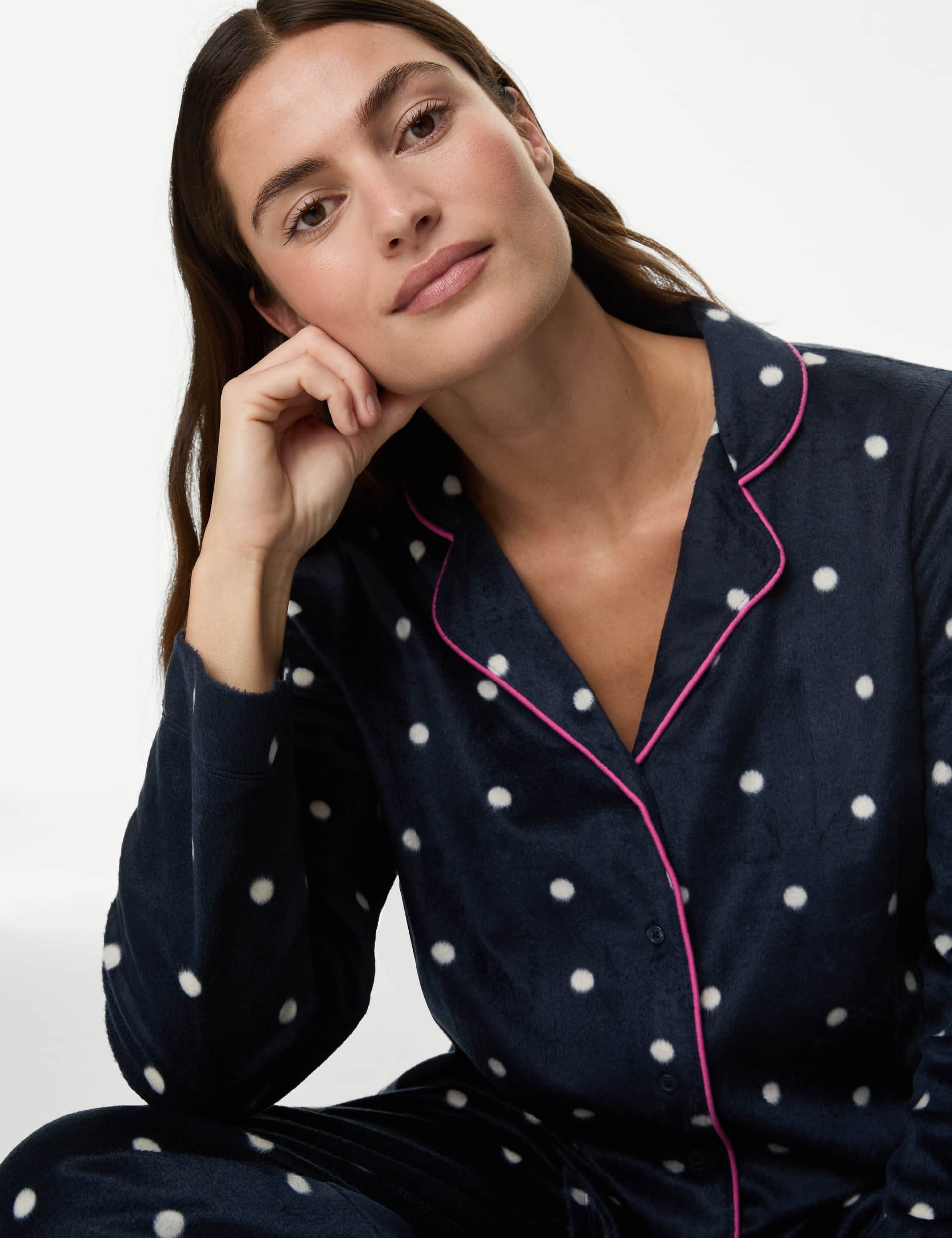 M&S Women's Fleece Polka Dot Pyjama Set - Navy Mix, Navy Mix,Red Mix,Ivory Mix