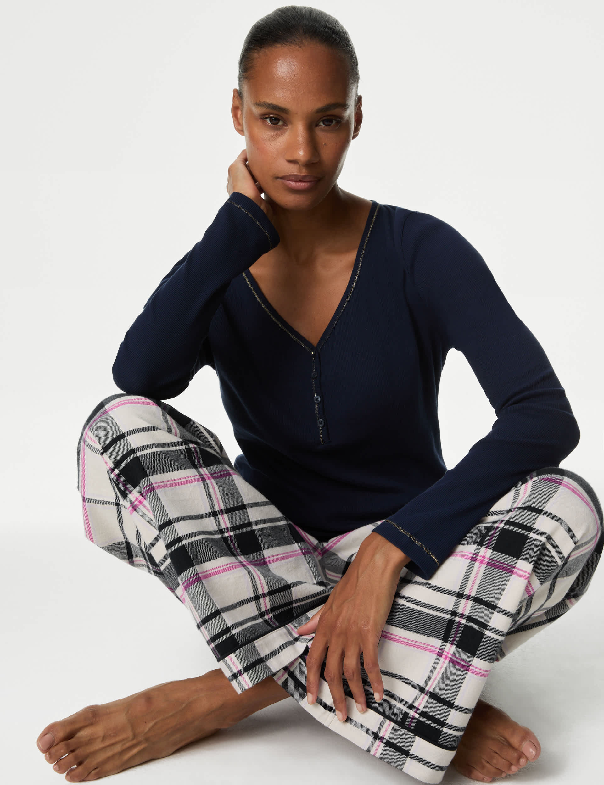 M&S Women's Cotton Rich Checked Pyjama Set - 12 - Navy Mix, Navy Mix,Charcoal Mix