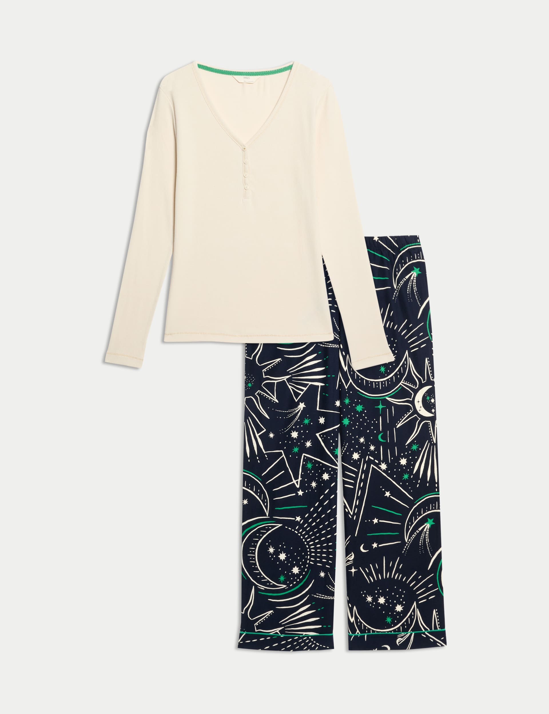 M&S Women's Cotton Rich Printed Pyjama Set - 12 - Ivory Mix, Charcoal Mix,Navy Mix,Ivory Mix,Green M