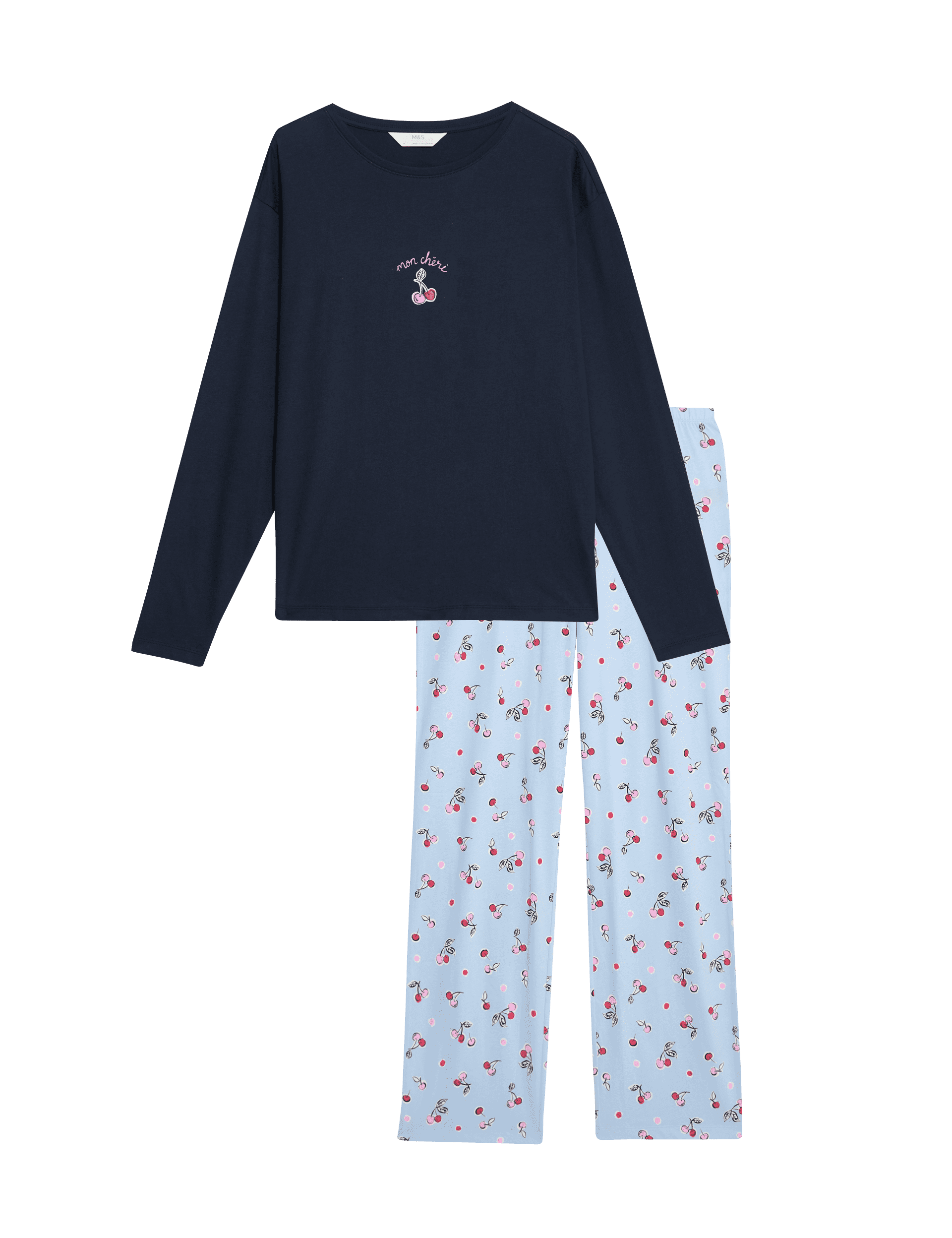 M&S Collection Women's Cotton Rich Printed Pyjama Set - Navy, Navy,Grey Marl