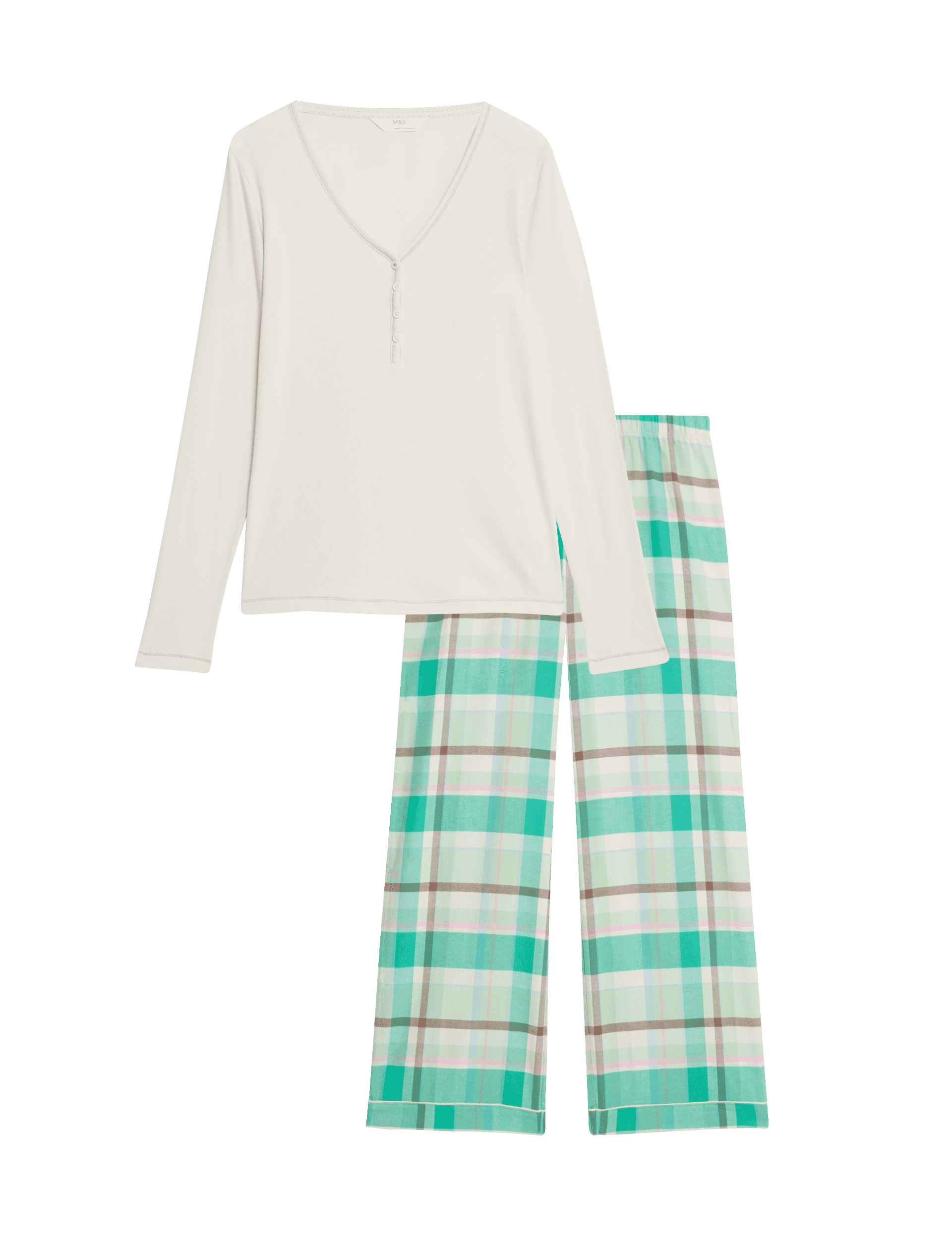 M&S Collection Women's Pure Cotton Checked Pyjama Set - 18 - Ivory Mix, Ivory Mix